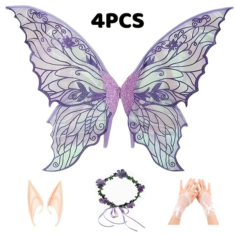 TEMU 4pcs Fairy Wing Set For Adult Women (includes Wings, Gloves, Headband, And Elf Ears) Fairy Costume Set With Large Wings Carnival And Halloween