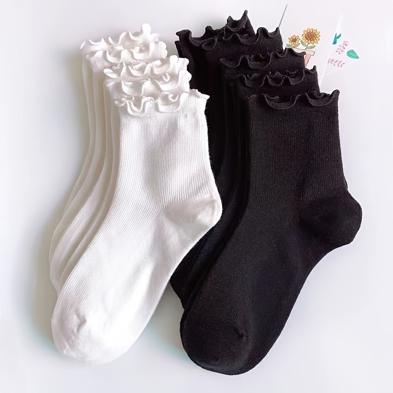 

2 Pairs Solid Frill Trim Sockc, Simple & Preppy Mid Tube Socks, Women's Stockings & Hosiery