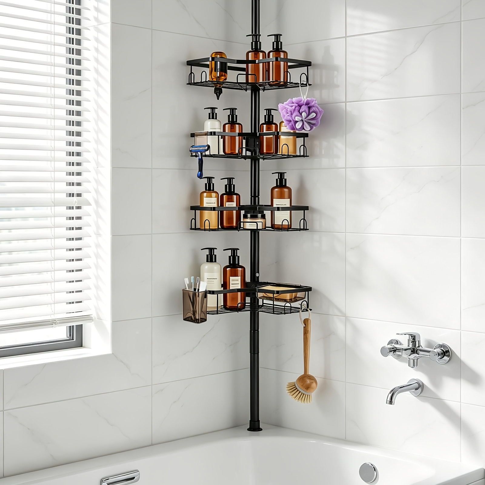 Image of 4-tier Heavy-duty Stainless Steel Bathroom Shelf - No-drill Mount Shower Storage System, Adjustable Floor-to-ceiling Tower With 4 Shelves, Space- Vertical Organizer For Shower, Bathtub & Tall Spaces