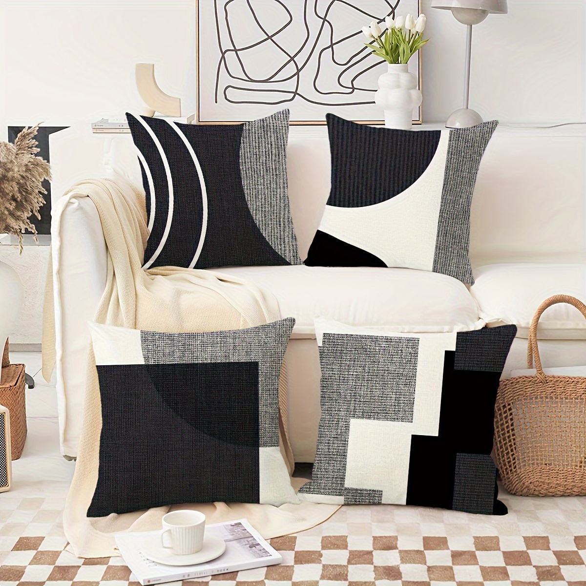 

4-piece Set Abstract Geometric Throw Pillow Covers, 18x18 Inch, Modern Boho Black & White Decorative Cushion Cases For Sofa, Living Room, Porch - Hypoallergenic Polyester With Zipper Closure