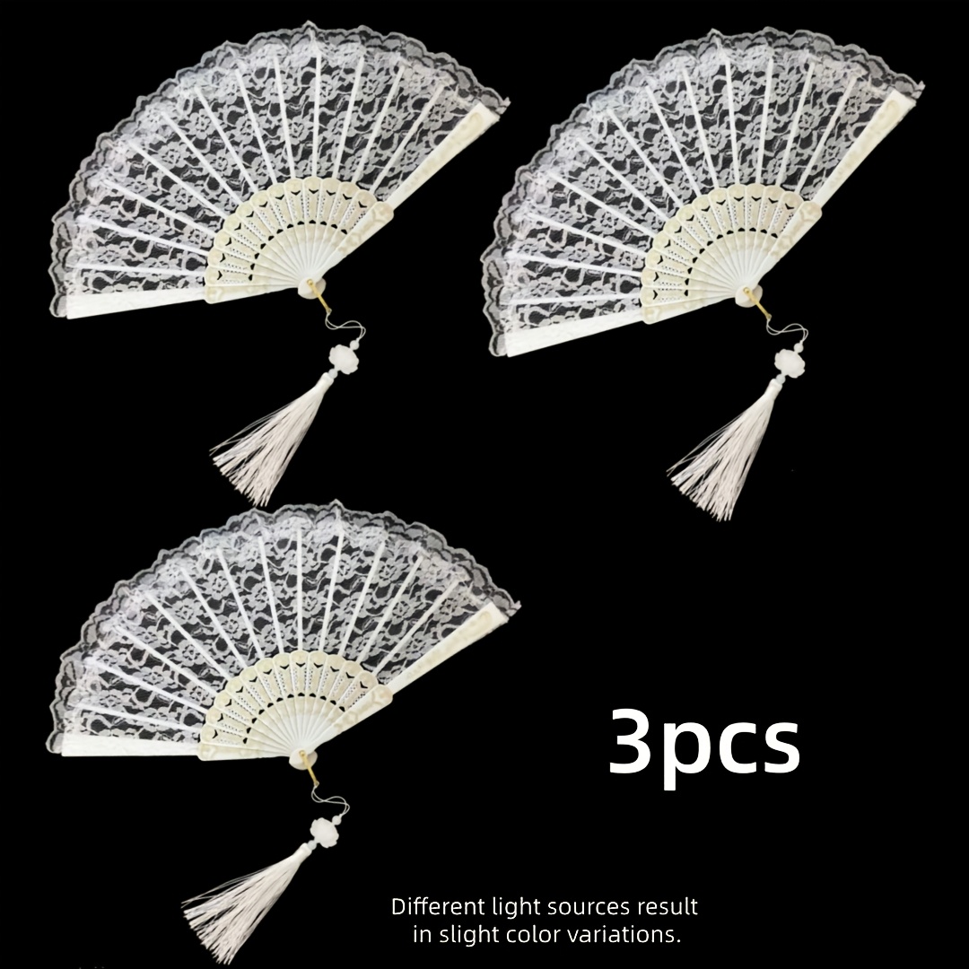 TEMU 3pcs White Lace Floral Folding Fans With White Tassels, Hanging Decorative Fans, Perfect Gift, Suitable For Wedding, Dance, Graduation,