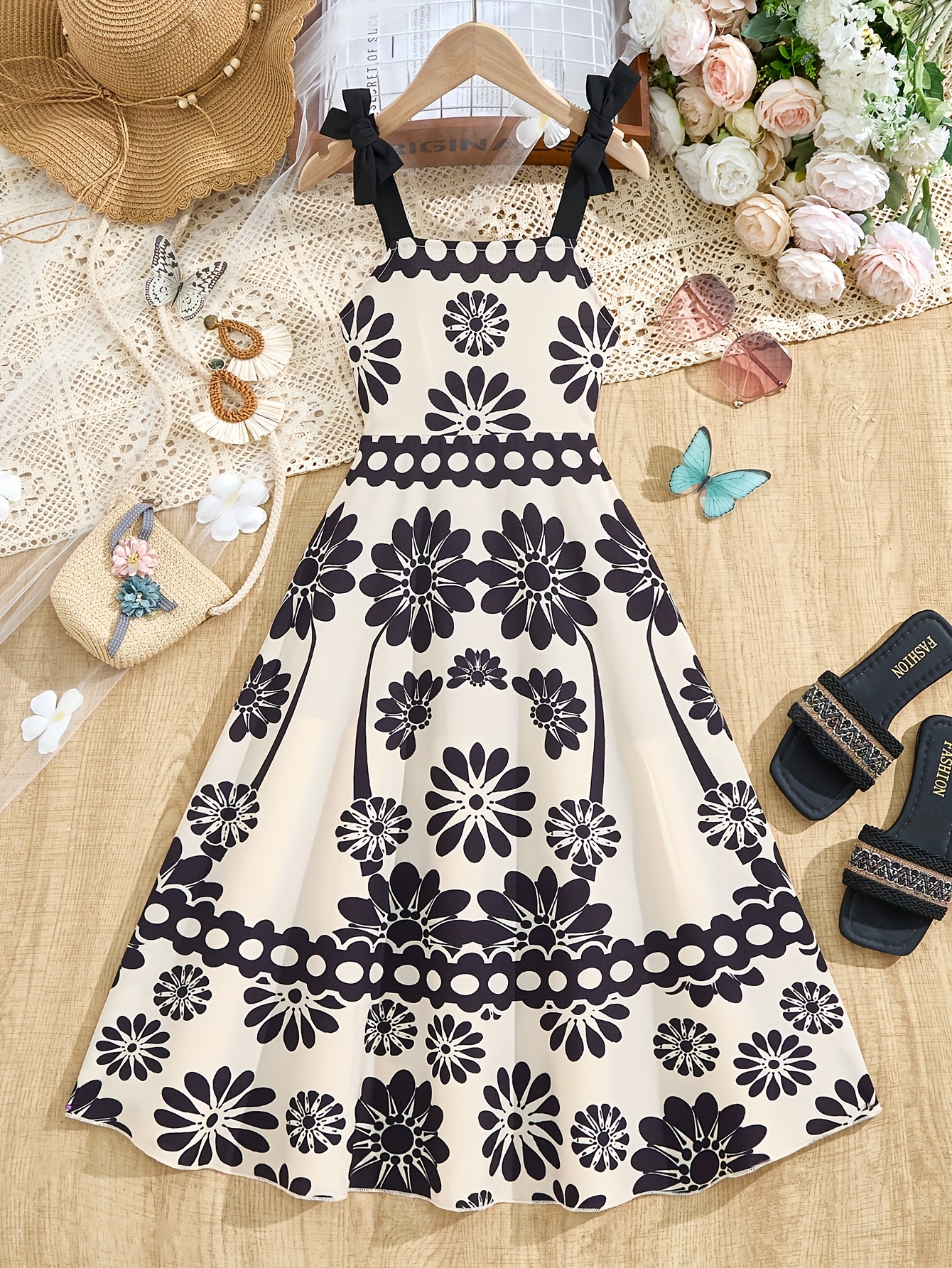 Summer Floral Sleeveless Midi Dress White with Green Floral Print  Hem, Machine Washable Vacation Casual Casual We