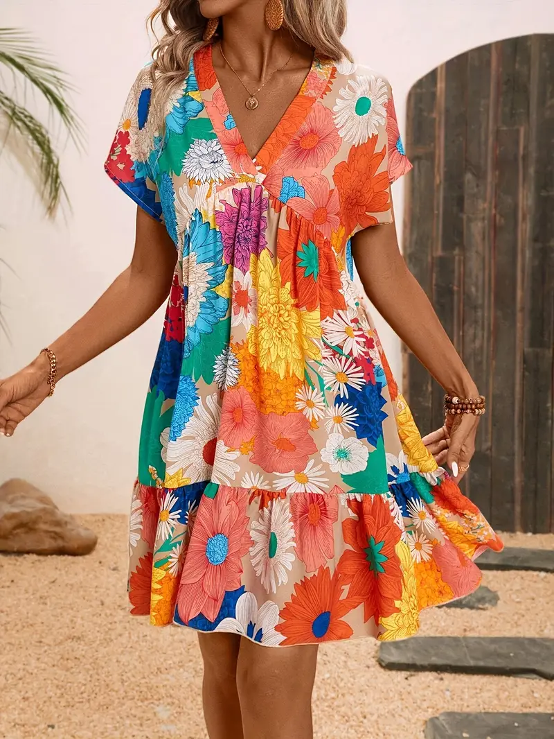 Women's Elegant V-Neck Floral Print Summer Dress with Hem A-Line Knee-Length Short Sleeve Beach Vacation Dress, Machine Washable for Casual
