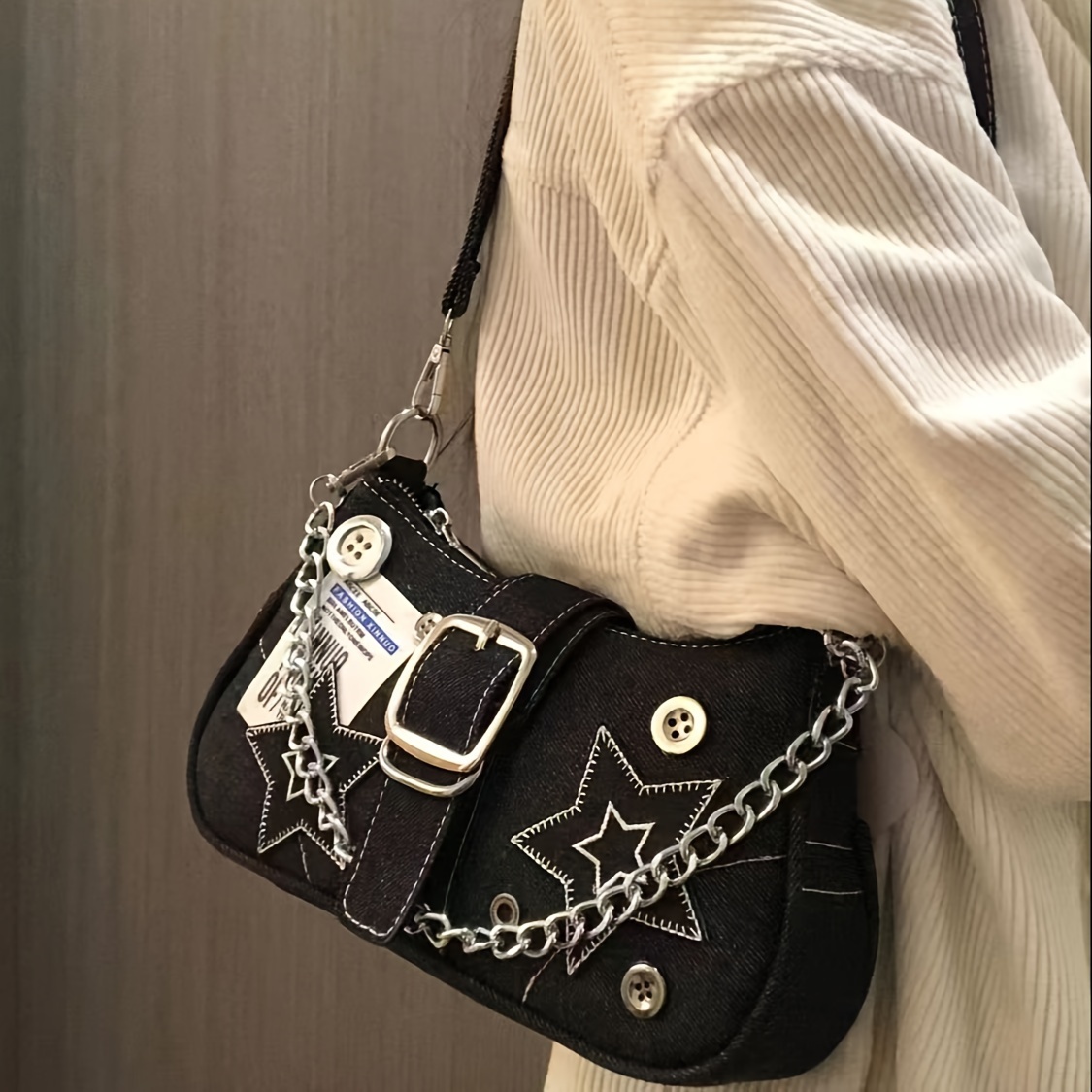 y2k fashion shoulder bag star shaped details secure zipper