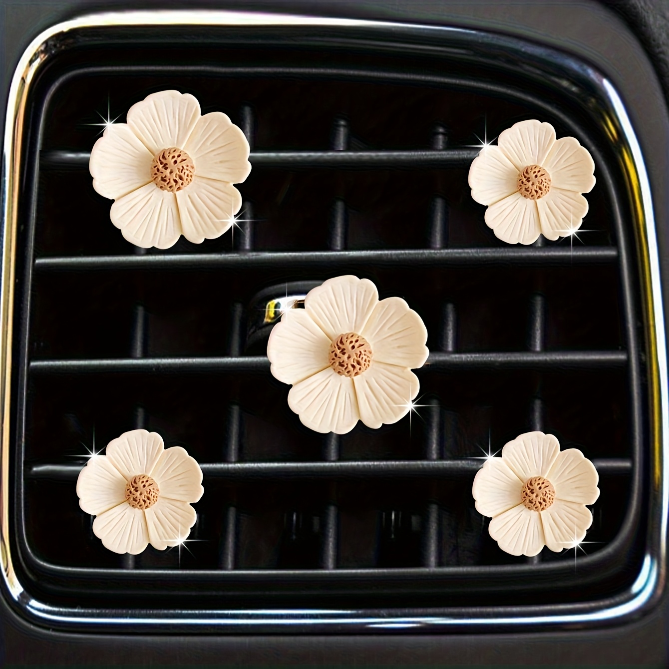 5pcs White Hook Striped 5-petal Chrysanthemum Car Air Vent Decoration Clip, Interior Decor, Party Holiday Gift, Unscented, Without Battery