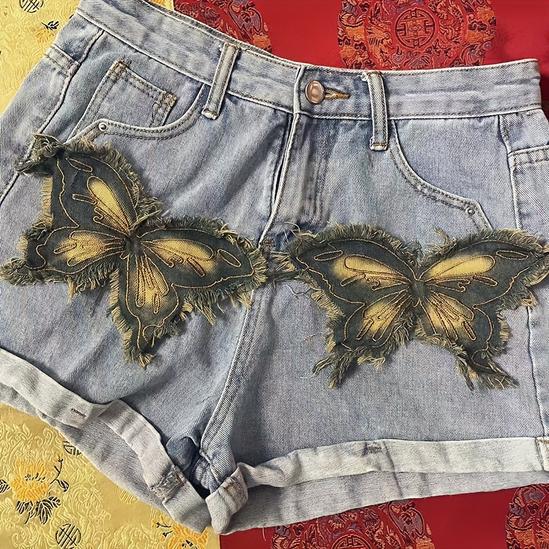 E-shop 2 Stk. multifunktionaler Denim-Stoff, modischer retro-effektvoller Fransen-Pelzrand, schmetterlingsförmiger Stickstempel-Stoffaufnäher, geeignet