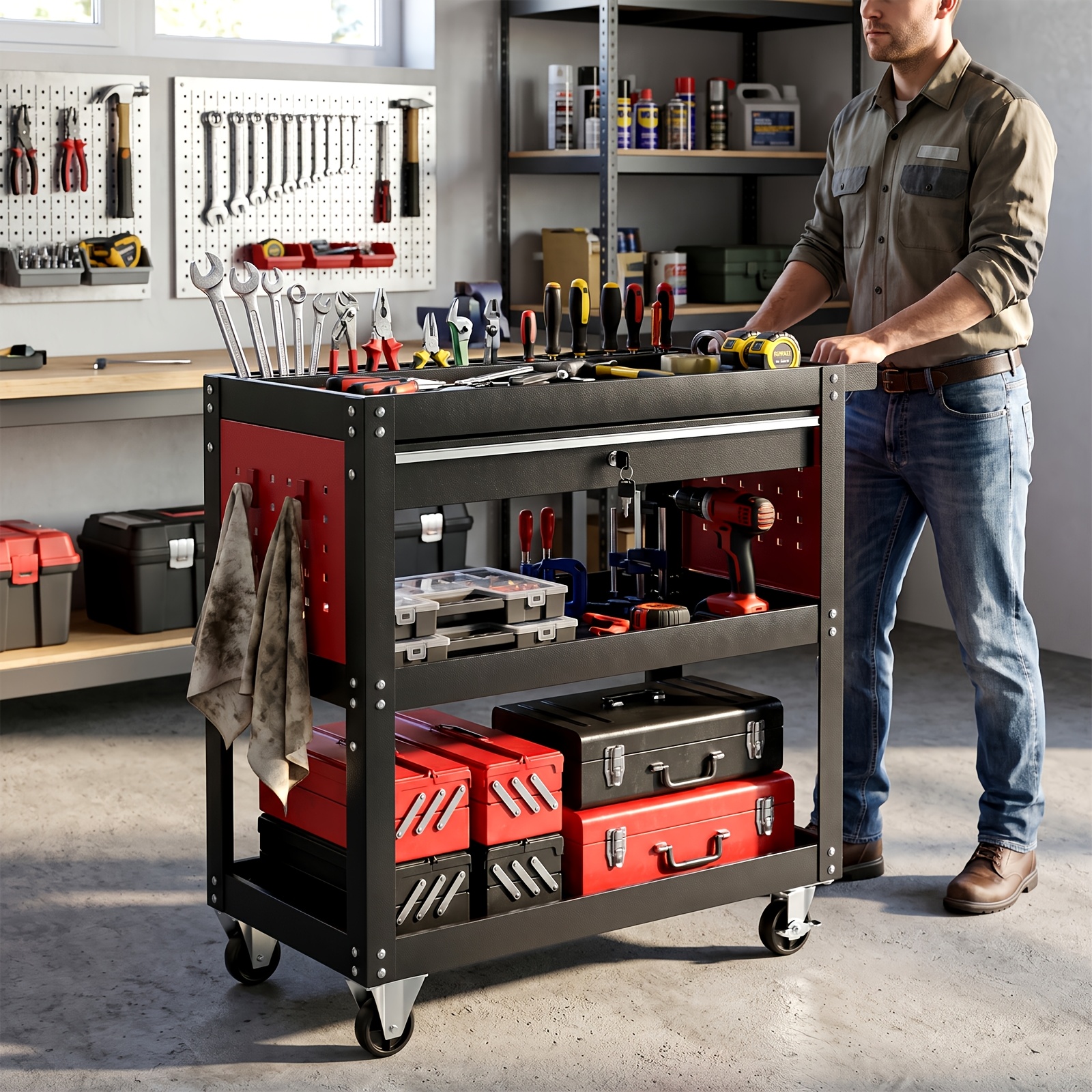Image of Aluminum Trolley With Utility Shelves And Storage Racks, Lockable Drawer And Pegboard, Mobile Workshop Cart For Garage & Workshop