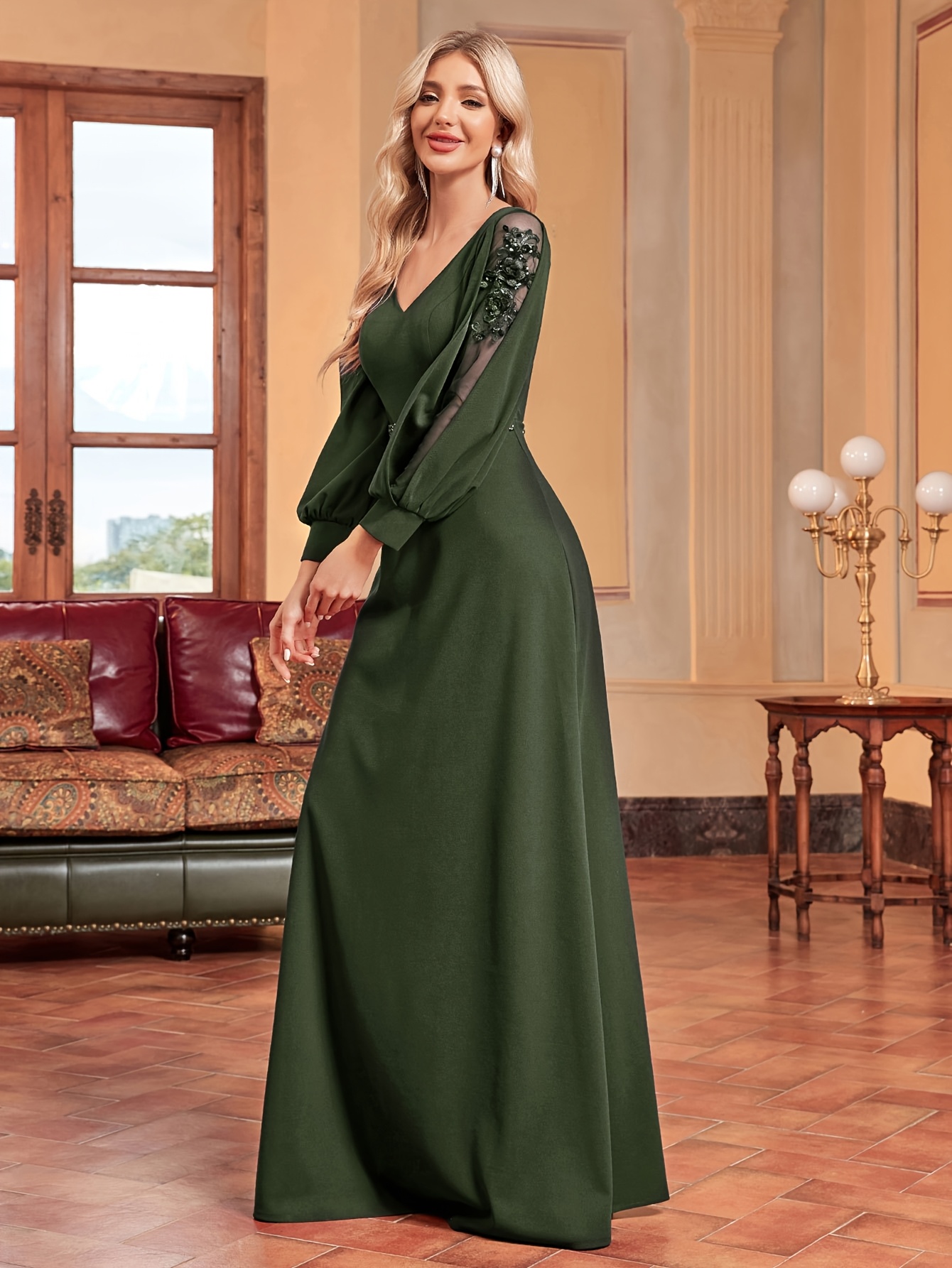 emerald green modest prom dress Emerald Green & Mauve Long Sleeve Embroidered Gown main image 0