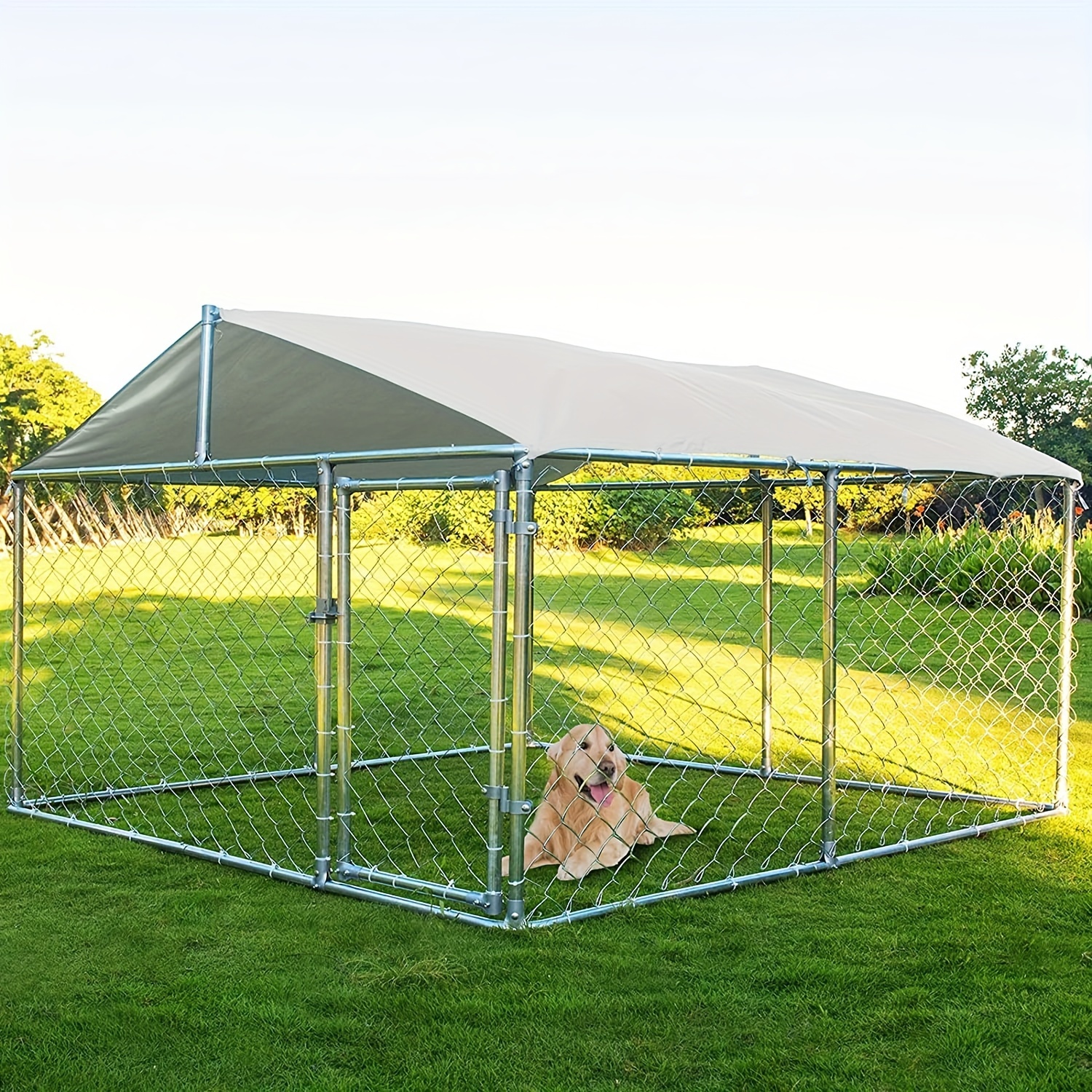 

Titimo Large Metal Dogs Kennels Outdoor, Waterproof Anti-ultraviolet Roof Cover Galvanized Fence Playpen With Lockable Door, Outside Gardens (90''x 90'' X 63'')