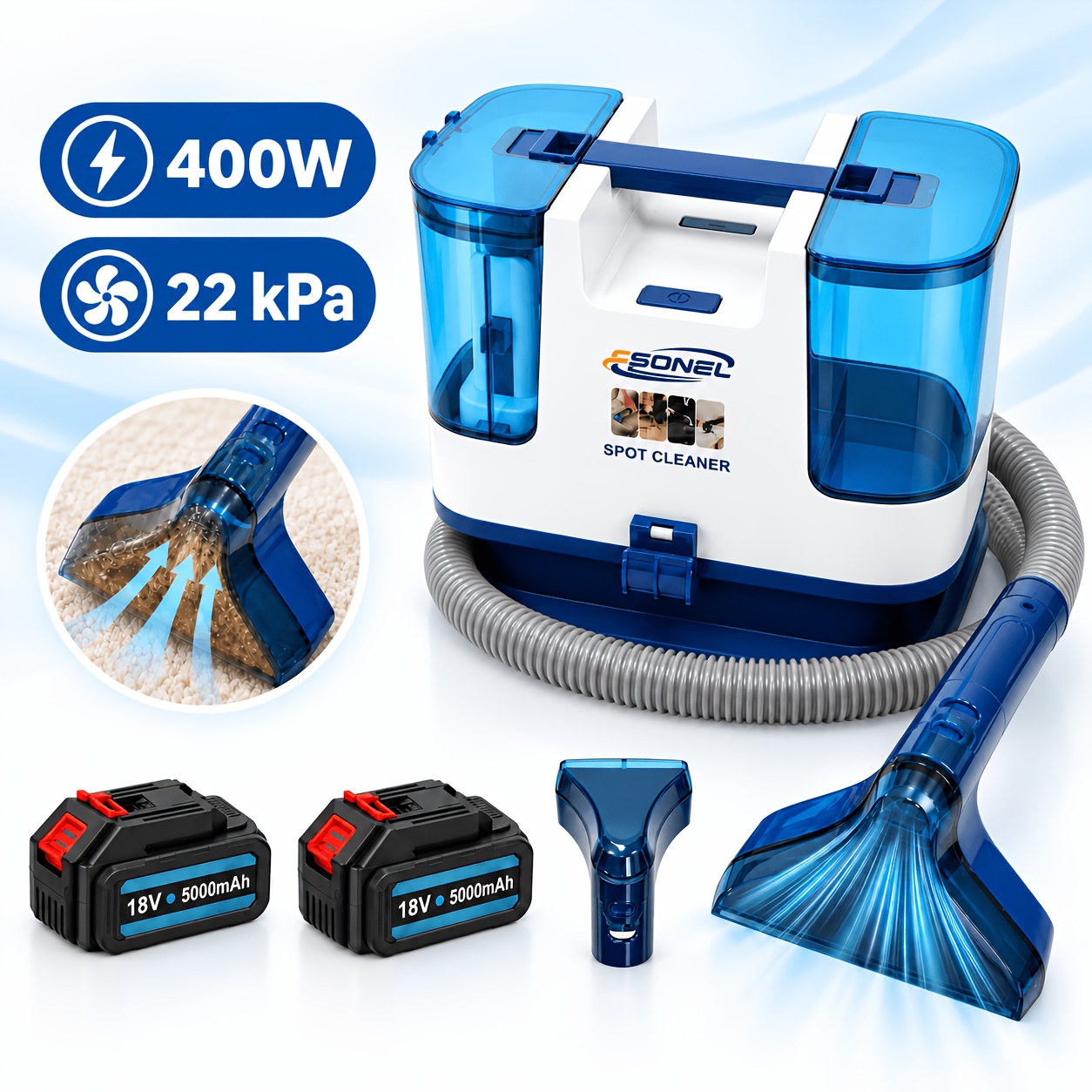 Image of Upgraded Cordless Carpet Cleaner, 400w Portable Spot Cleaner With 22kpa Suction, 2 X 18v 5.0ah Lithium Batteries, Dual Water Tanks And 2 Attachments For Upholstery, Sofas, Carpets And Car Seats