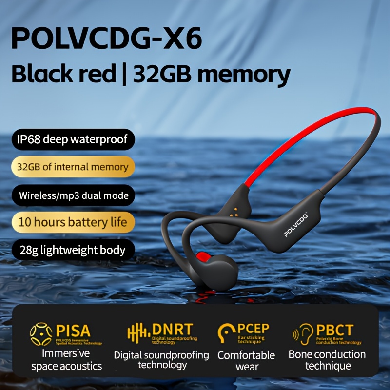 Image of Polvcdg Audio X6 Wireless Bone Conduction Headphones, Deep Sound, , 28g Lightweight Body 32gb Large Capacity, Suitable For Swimming, Cycling, Running, Fitness
