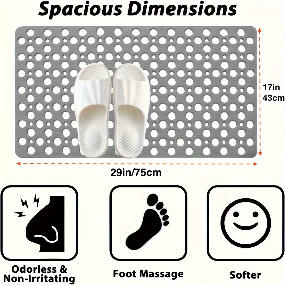 Non-Slip Bathroom Mat with Suction Cups, Quick-Dry Shower Pad with Circular Hole Design, Massage Rings, Ideal for Home and Hotel Bathrooms, Bathtubs - 43x75cm, Gray, Hotel Bathroom Essentials|Massage Bath Mat|Durable Shower Pad, Bath Mats for Bathroom