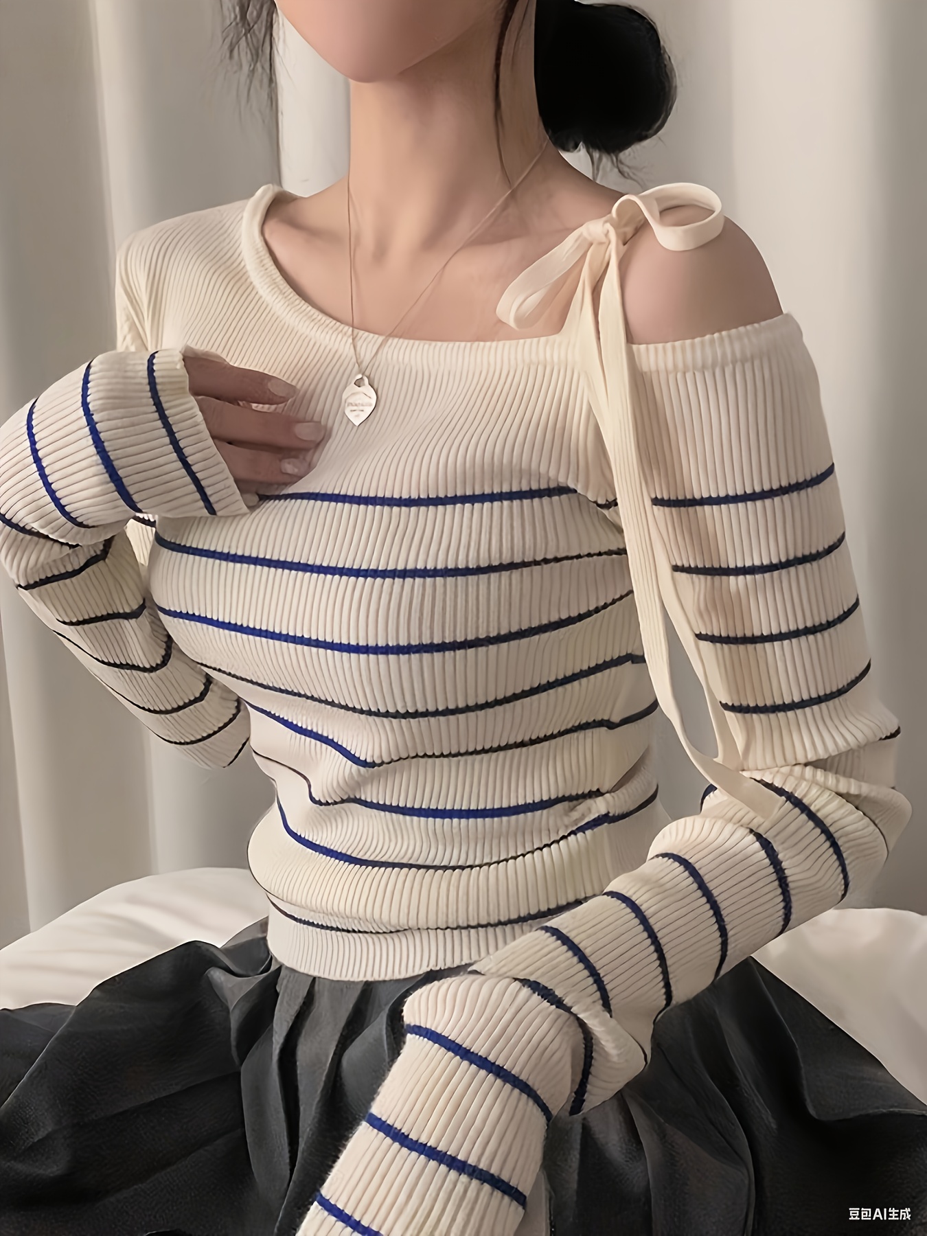 womens korean inspired shoulder one shoulder striped sweater