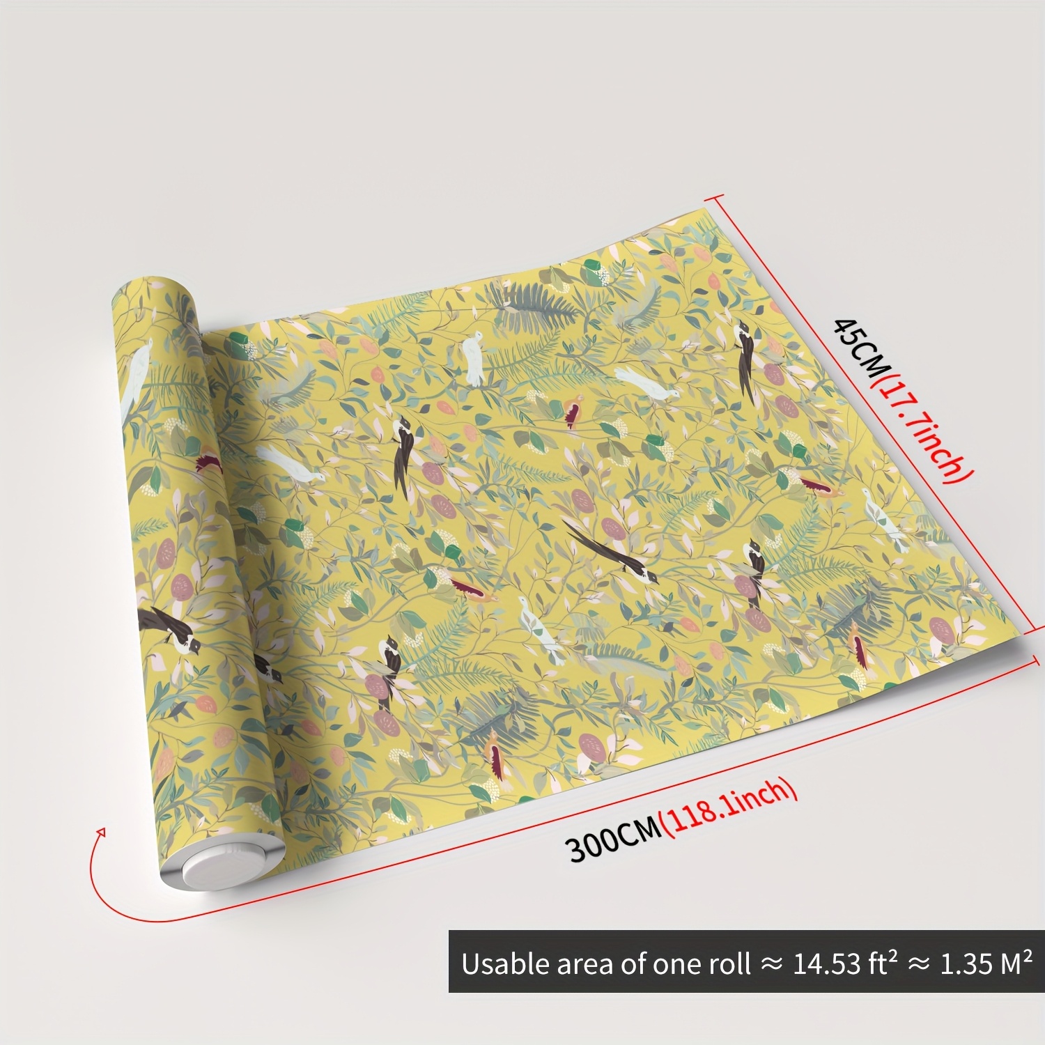 TEMU 1 Rouleau de Papier Peint Décollable à Fond Jaune avec Oiseaux Rétro et Fleurs Feuillues, Vinyle Amovible Étanche, Convient pour Salon, Chambre,