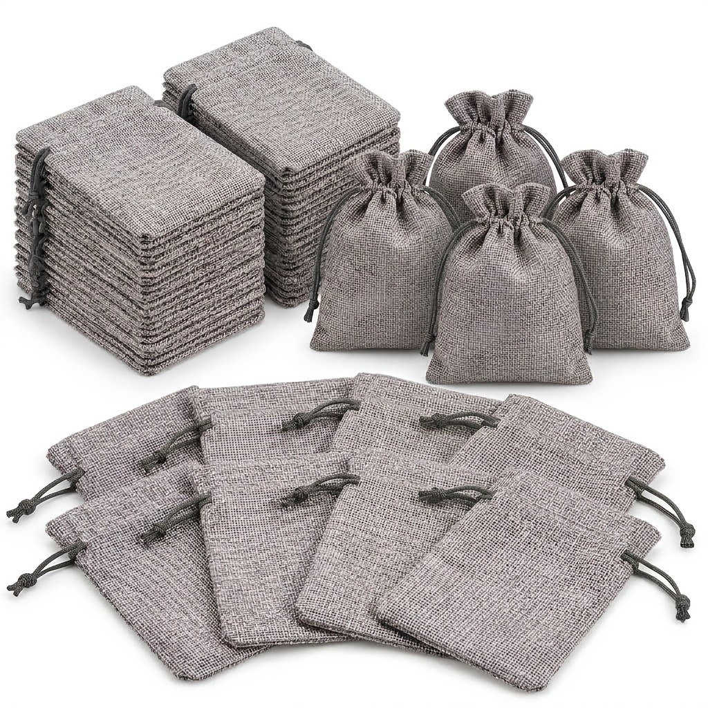 TEMU 50pcs Silver Gray Fabric Drawstring Pouch Small Jewelry Gift Bags Reusable Textured Favor Sacks Durable Storage Packets For Wedding Party Favors