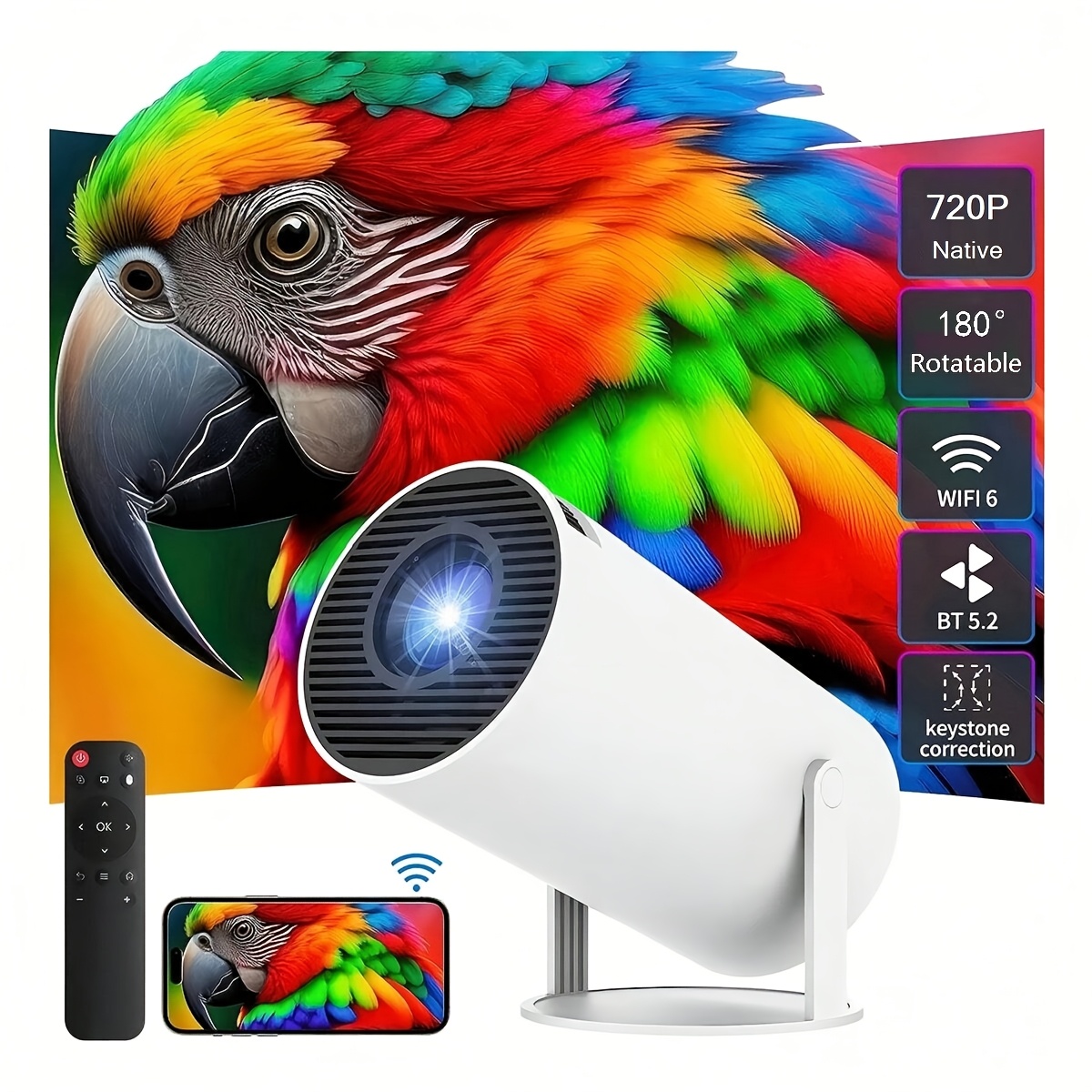 TEMU Proyector portátil, resolución local 720P, corrección automática de trapezoide, Wi-Fi 6, altavoces de 5W y tecnología inalámbrica 5.2. Es un