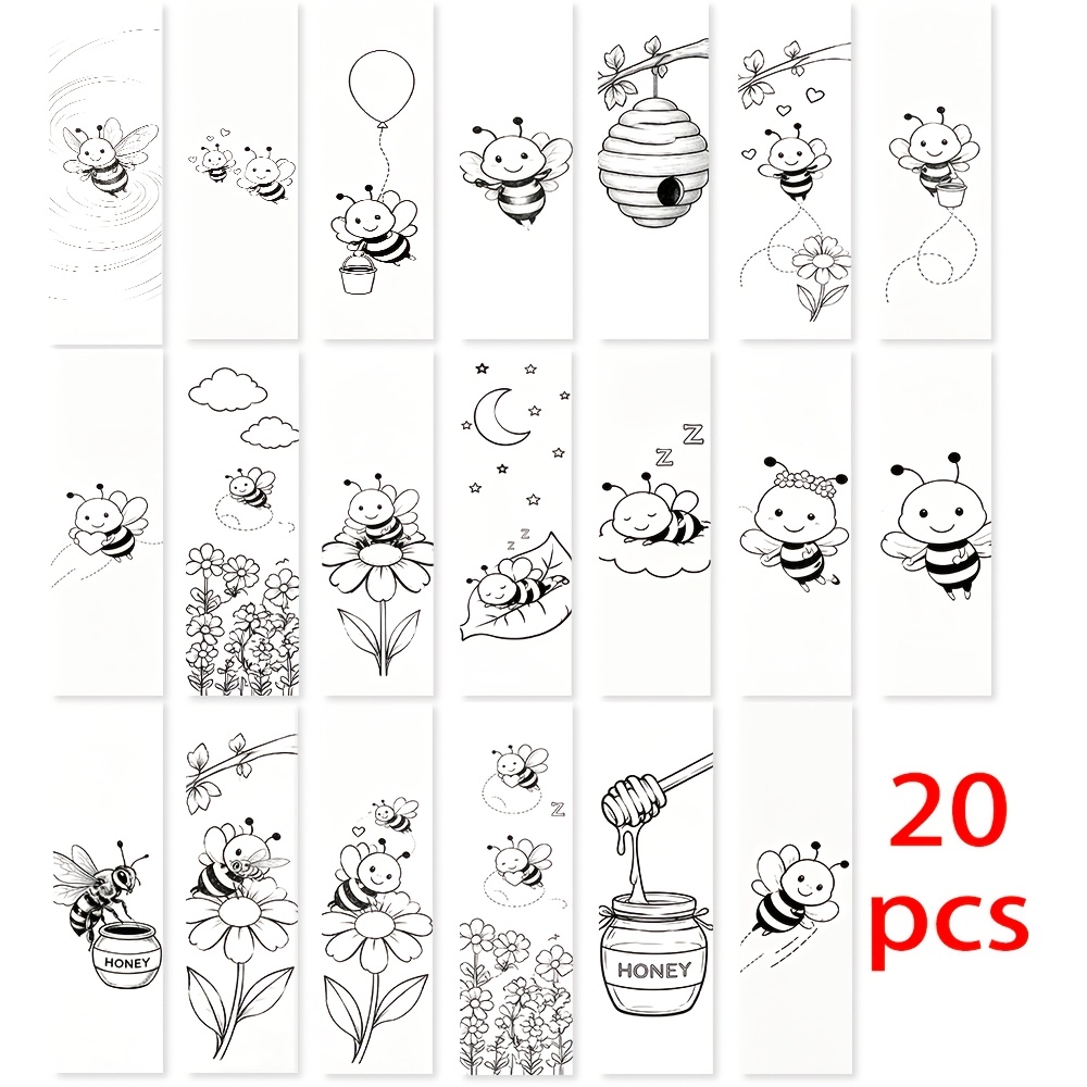 TEMU Set di 20 segnalibri, disegno a linea e di api, piccole api antropomorfe che tengono palloncini e cesti di fiori, segnalibri pratici 2D ,