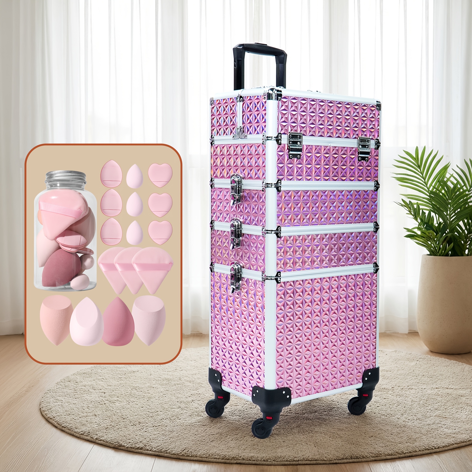 TEMU Rolling Makeup Train Case Large Storage Cosmetic Trolley 4 In 1 Large Capacity Trolley Makeup Travel Case With Key Swivel Wheels Salon Barber