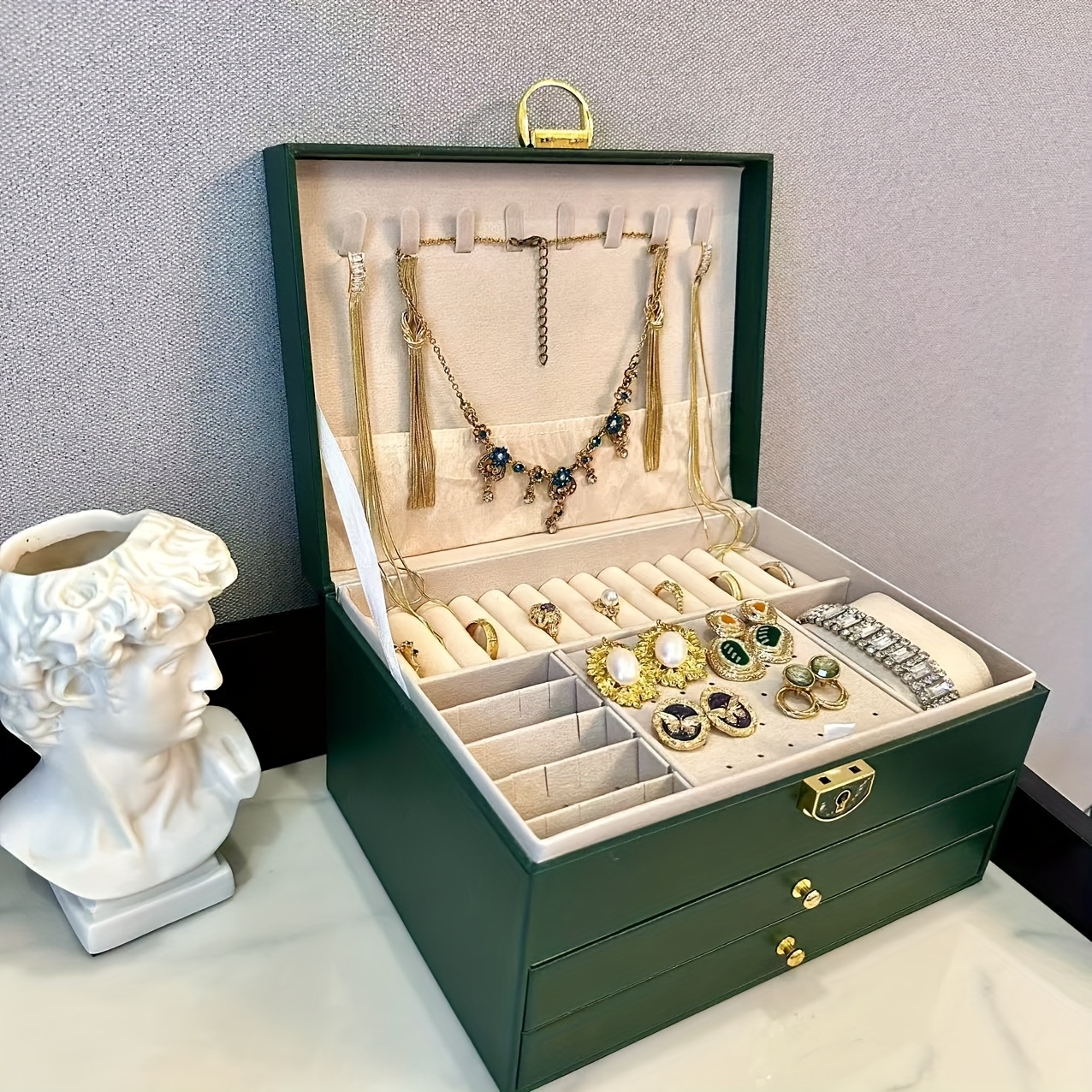 1pc elegant   leather jewelry box with key lock large capacity organizer for earrings rings necklaces bracelets vintage style desktop storage ideal gift for women mothers day present jewelry gift box jewelry boxes Product details 1