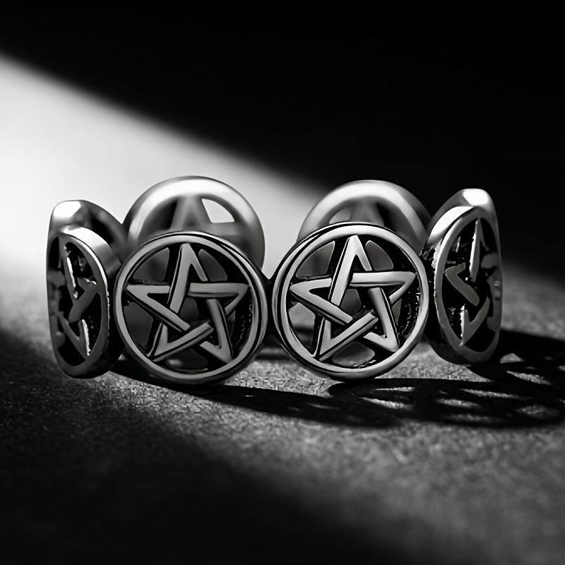 2pcs Gothic Pentagram Ring Set, Antique Silvery Oxidized Finish