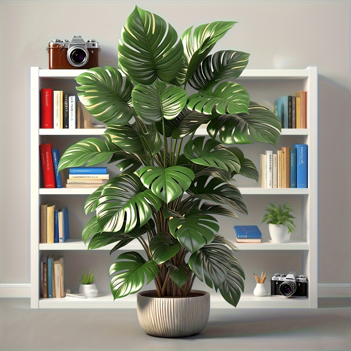 Een grote kunstmatige palmboom met weelderig blad - een realistische nepplant voor binnen en buiten