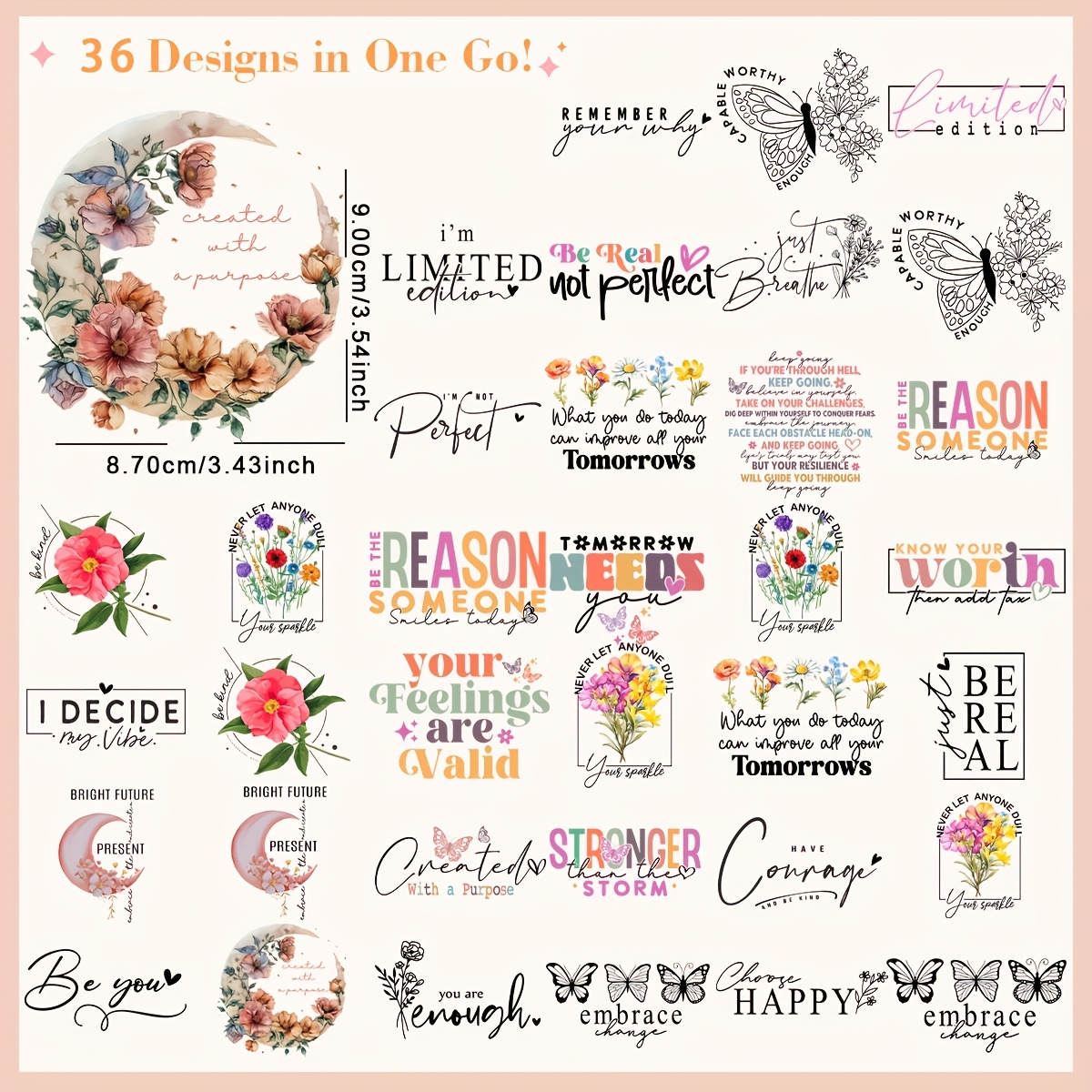 TEMU 36pcs/set Positive Quotes Iron On Dtf Transfers Stickers Washable Heat Transfer Designs Decals Patch For Clothing T- Jeans Backpack