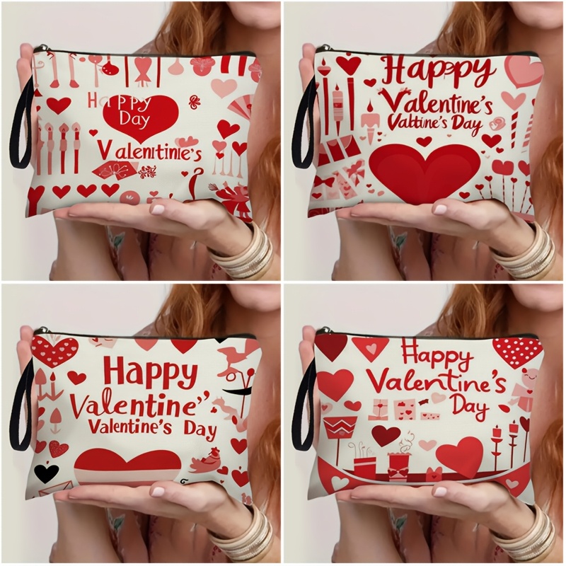 

Valentine's Day Themed Cosmetic Bag For Women, Red Heart Pattern, Polyester, Unscented, Positioning , With Ideal For Travel & Daily Use, For Perfect Gift For Ladies