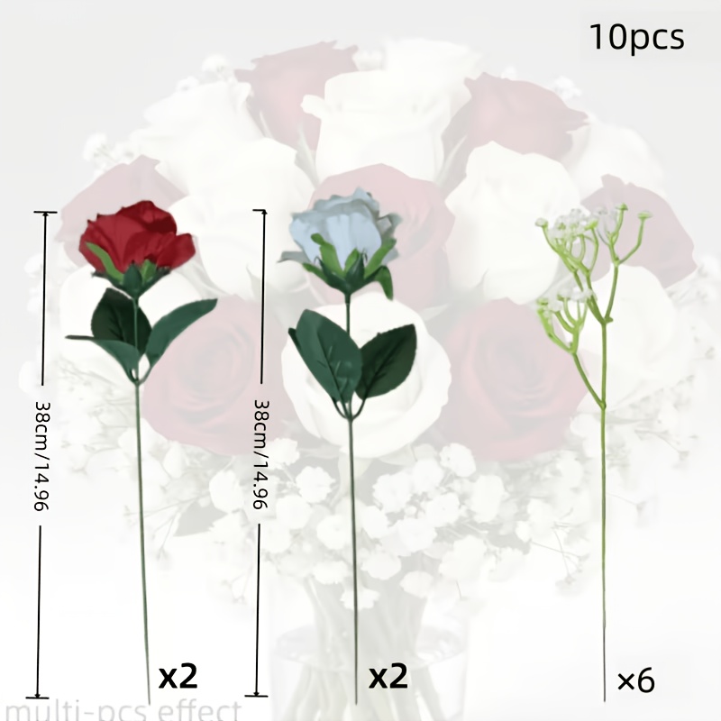 TEMU 10pcs Red And White Rose Mixed Faux Bouquet Set: 6pcs White 's Breath, 2pcs Red Roses, 2pcs White Roses. Premium Artificial Flowers, Non-fading,