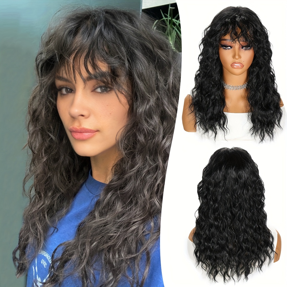 

18 Inch Long Curly Wavy Hair Wigs With Bangs Synthetic Fiber None Lace Wavy Wigs For Women