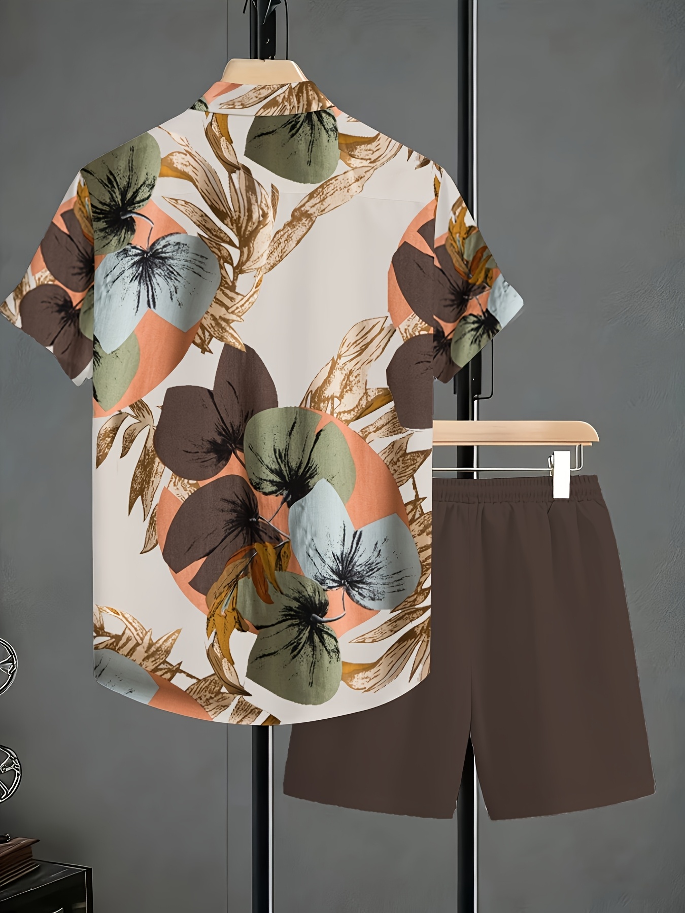 Men'S Summer Plant Print Short-Sleeve Shirt And Shorts Set, a Perfect Gift for Men, Ideal for Everyday Wear - Comfortable Short-Sleeve Shirt with Drawstring Pocket Shorts, New Casual Loose Round-Neck T-Shirt