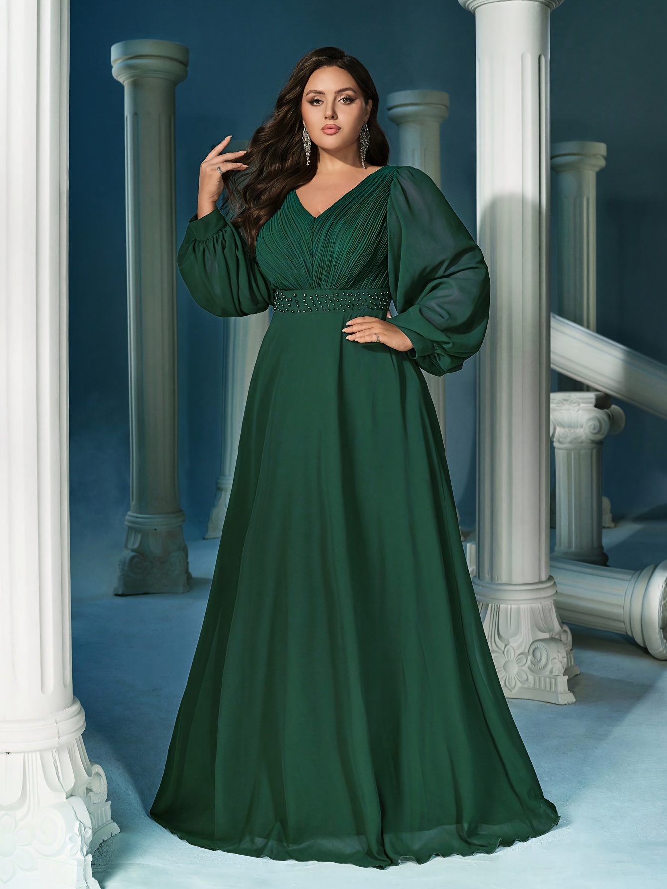 Wedding Guest Emerald Velvet Wrap Dress Long Sleeve Green Wedding