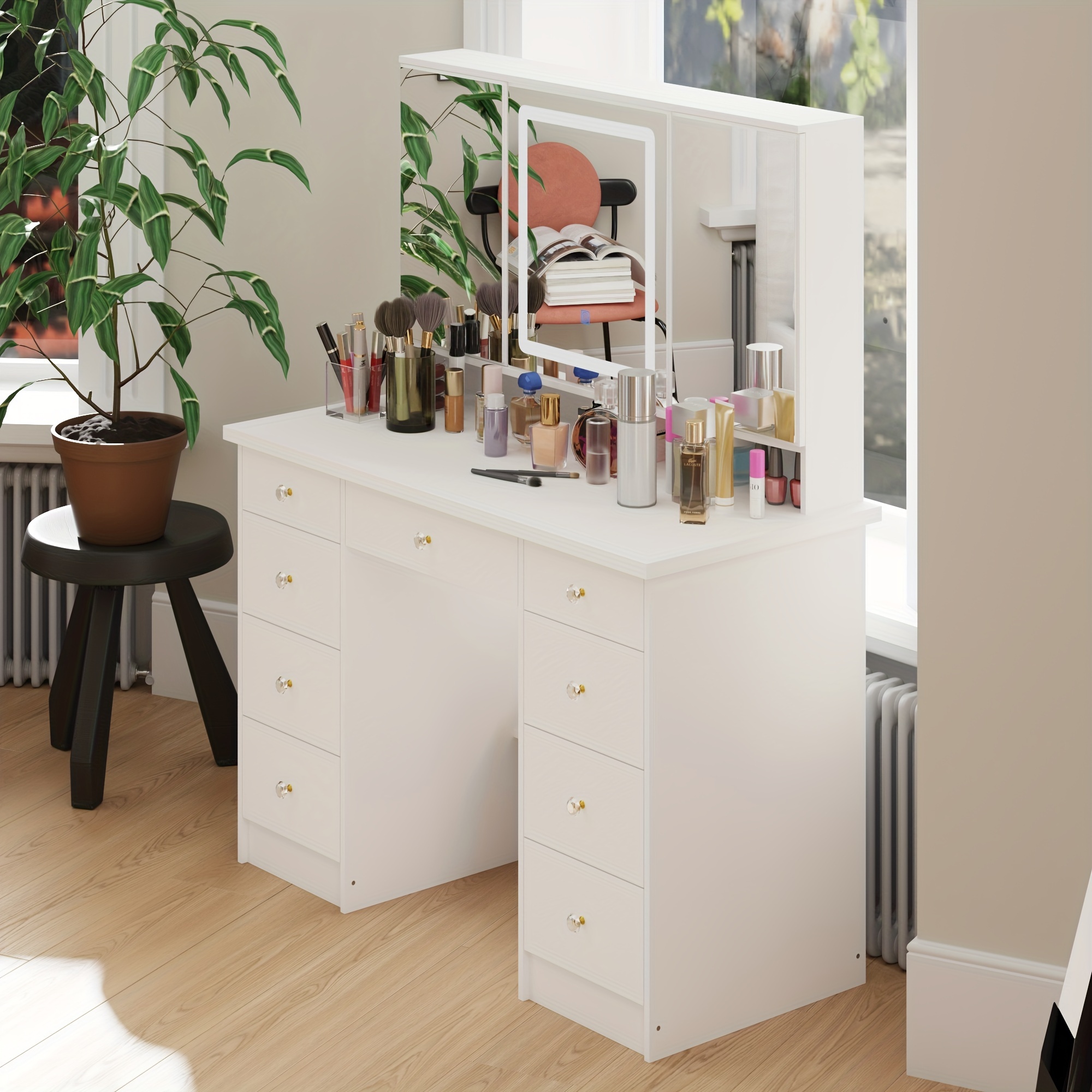 

43.3" W Vanity Desk With 9 Drawers, Makeup Desk With 3 Mirrors And Touch , Dressing Table For Bedroom