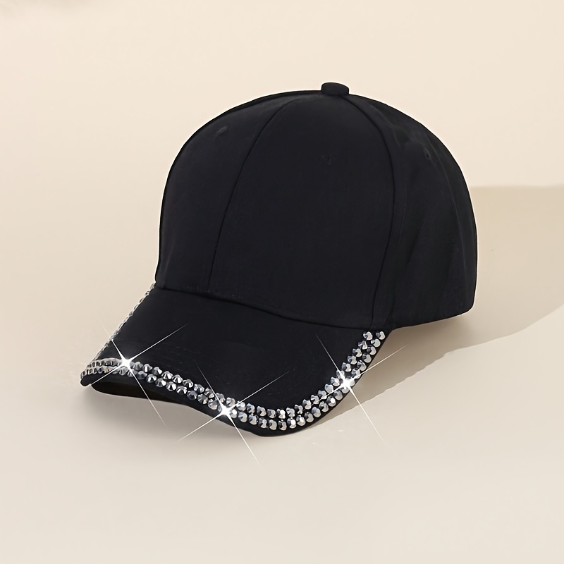 TEMU Casquette de baseball avec bordure en strass, Chapeau de soleil étincelant, Casquette à visière noire décontractée pour femmes, Fête/Streetwear