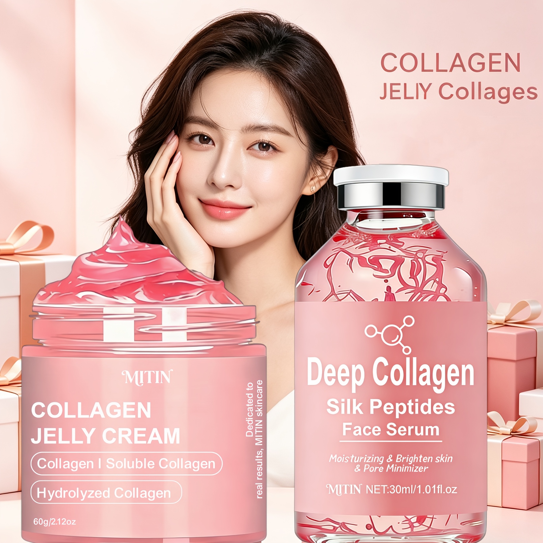 Image of Collagen Jelly Face Cream+deep Collagen Peptides Facial Serum Set,neck And Facial Lifting And Firming, Reduce Of And Anging, The Of Dark Circles, Moisturizing & , Balances Light Beige