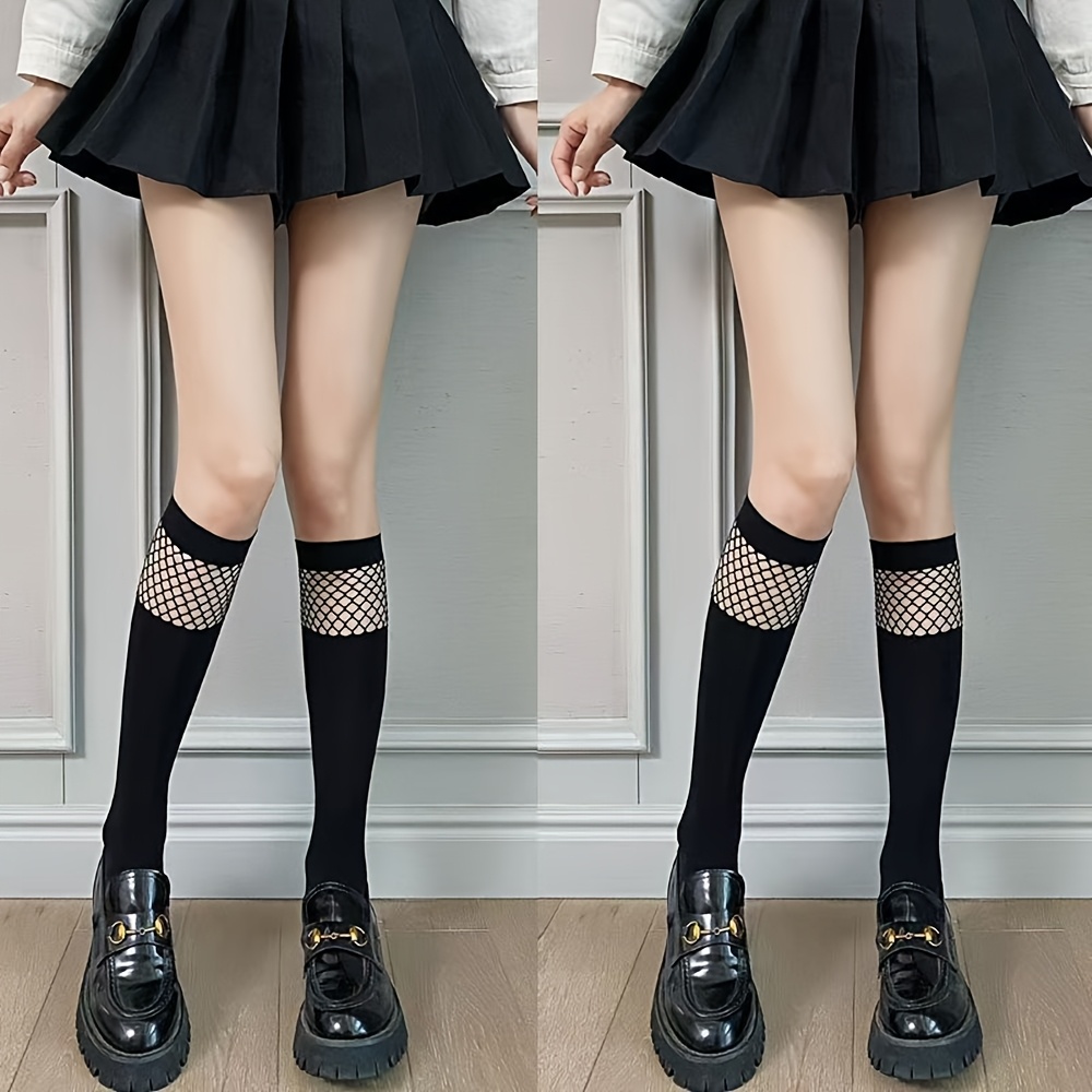 TEMU 1-pair/2-pair Hollow Mesh Spliced Calf Socks, Fishnet Stockings, Women's Mid-calf Socks, Thin Style, Spring/summer Half-tube Socks