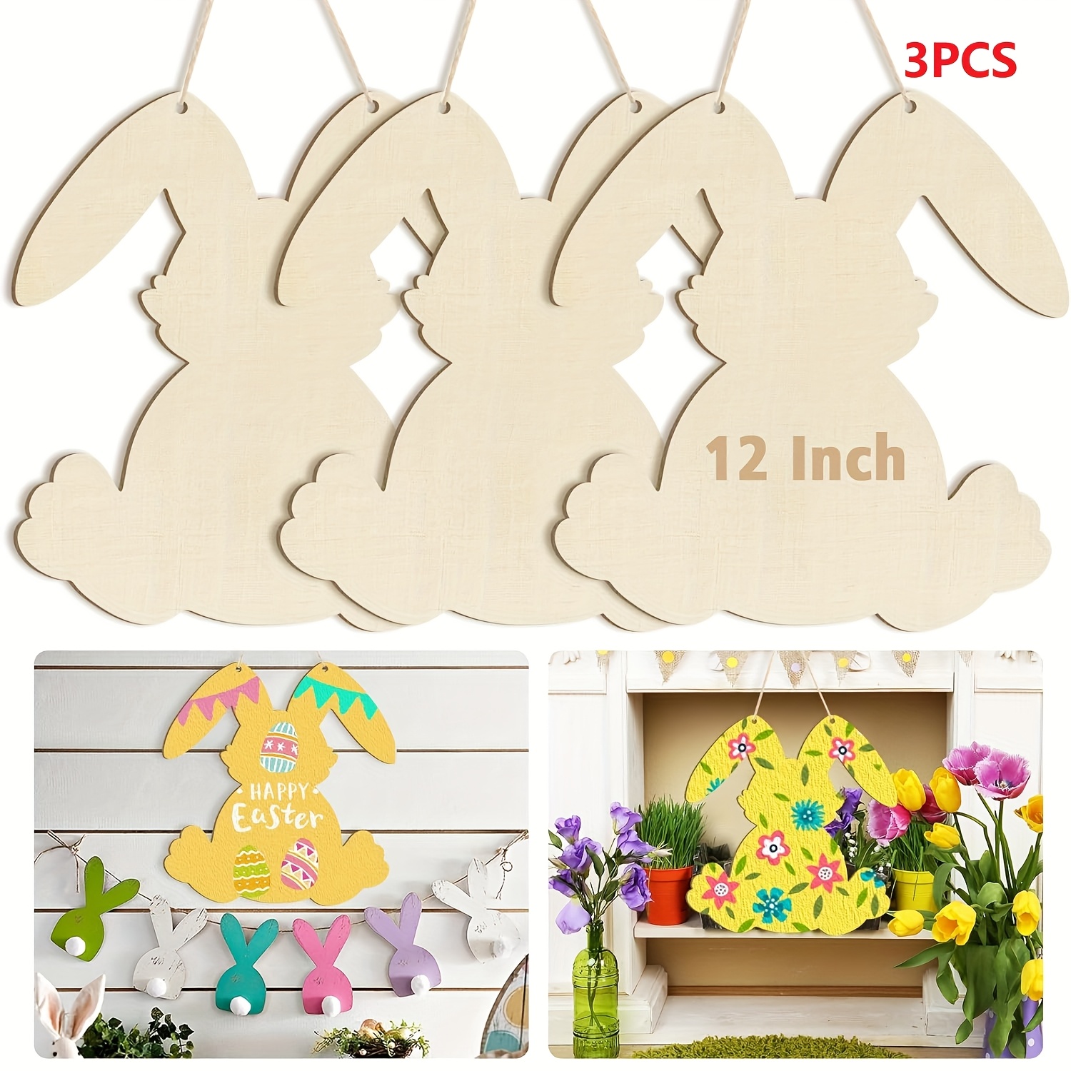 

3pcs Large Size 12" Wooden Easter Ornaments To Paint, Wooden Diy Blank Unfinished Round Wood Discs Ornament Bunny Door Sign Easter Door Hanging Sign Plaque Crafts Hanging Decorations