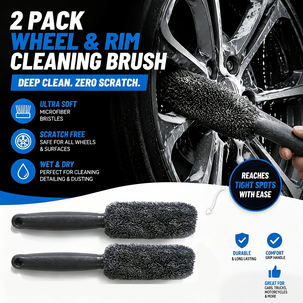 TEMU Wheel & Brush Set (2 Pack) - Scratch-free Microfiber Detailing Brush, Ultra Soft Bristles, Grip Handle, Durable Long-lasting Tool, Deep Cleans