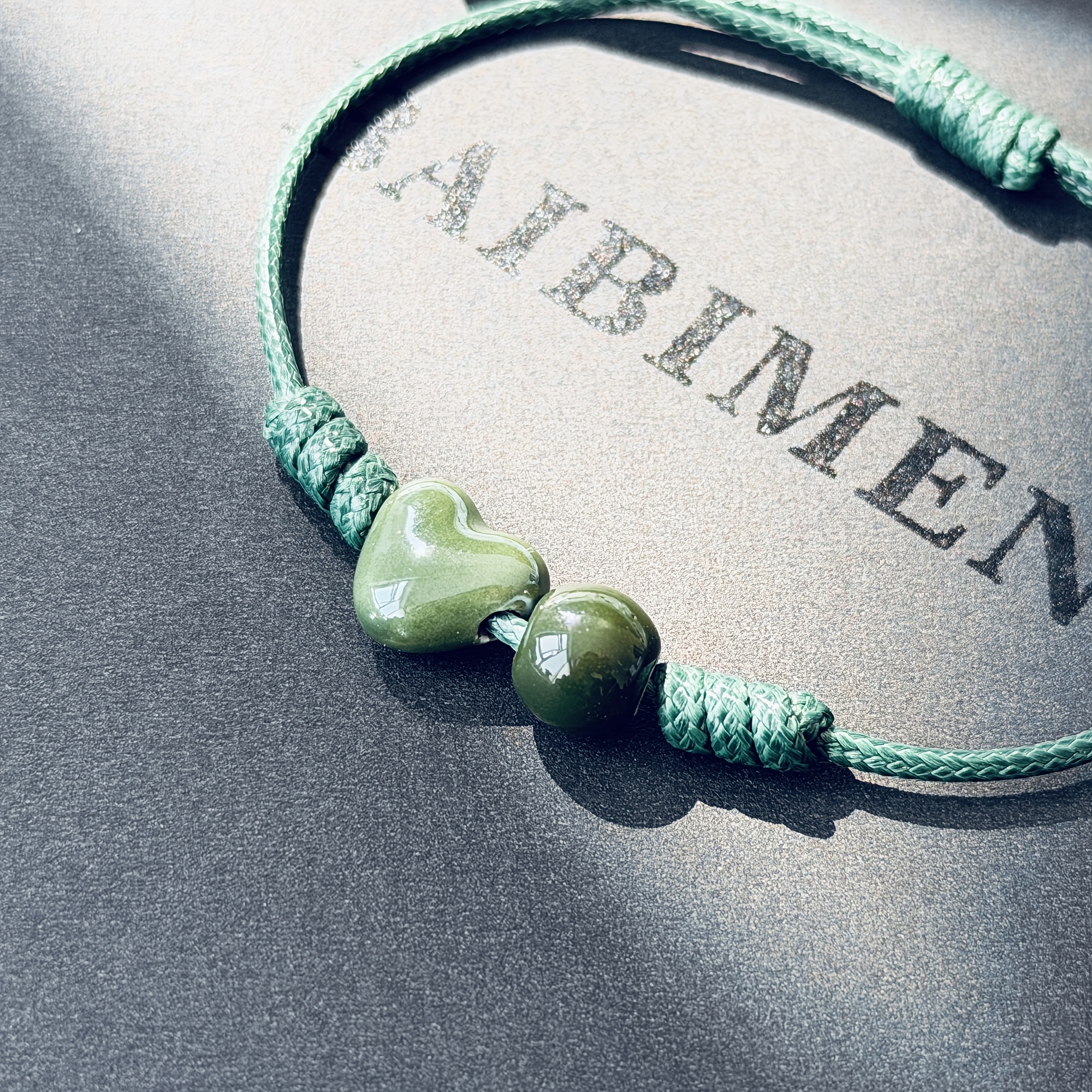 Women's Handmade Ceramic Green Heart Bracelet, Adjustable Length