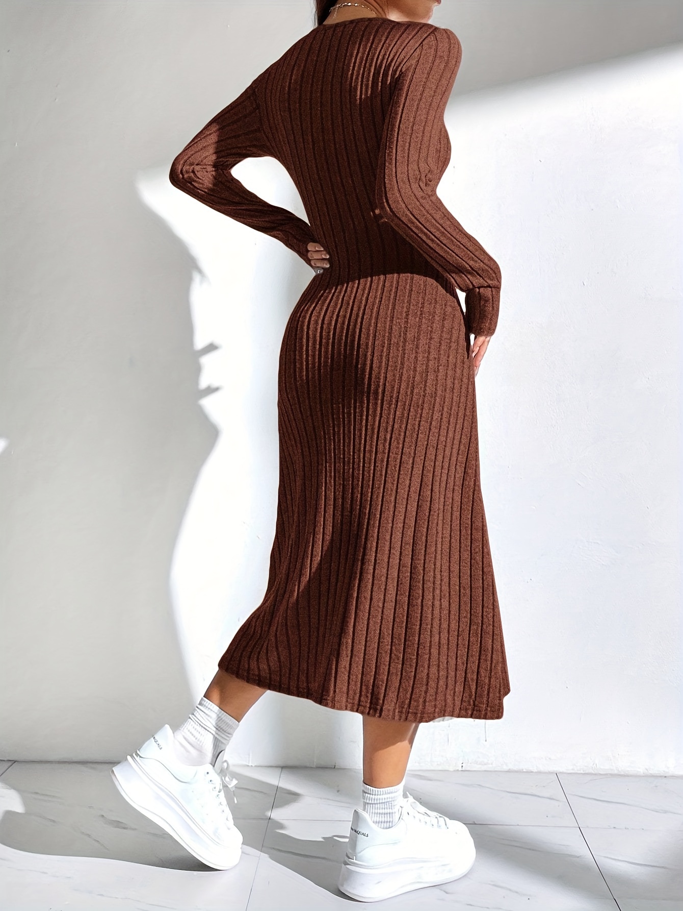 womens ribbed sweater dress solid color long sleeve square - Temu Trkiye