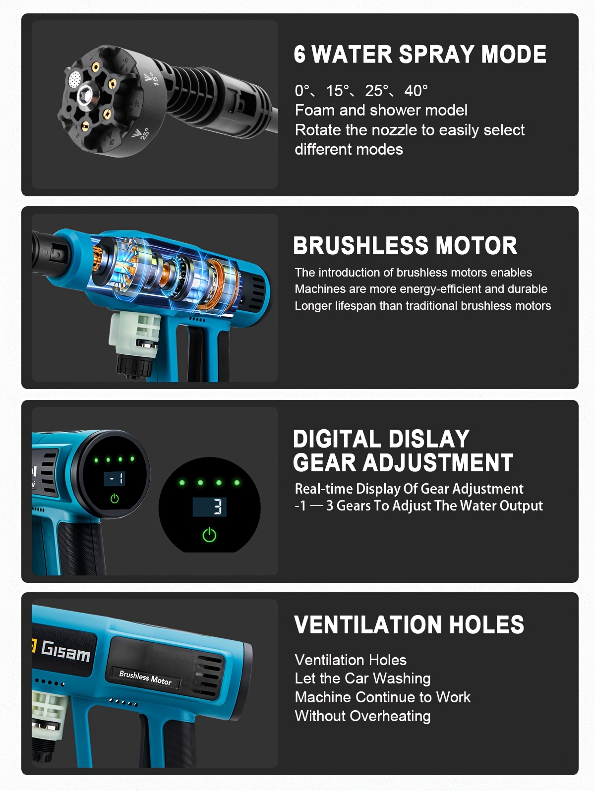  cordless pressure washer gun with screen, 6-in- spray nozzles (wide/angle/spot/ ), 4 adjustable gears, portable cleaning machine with carry case for cars, trucks, motorcycles, patio, driveway, garden - heavy-duty electric pressure washer, outdoor cleaning tool, , sleek , durable metal body, construction Product details 1