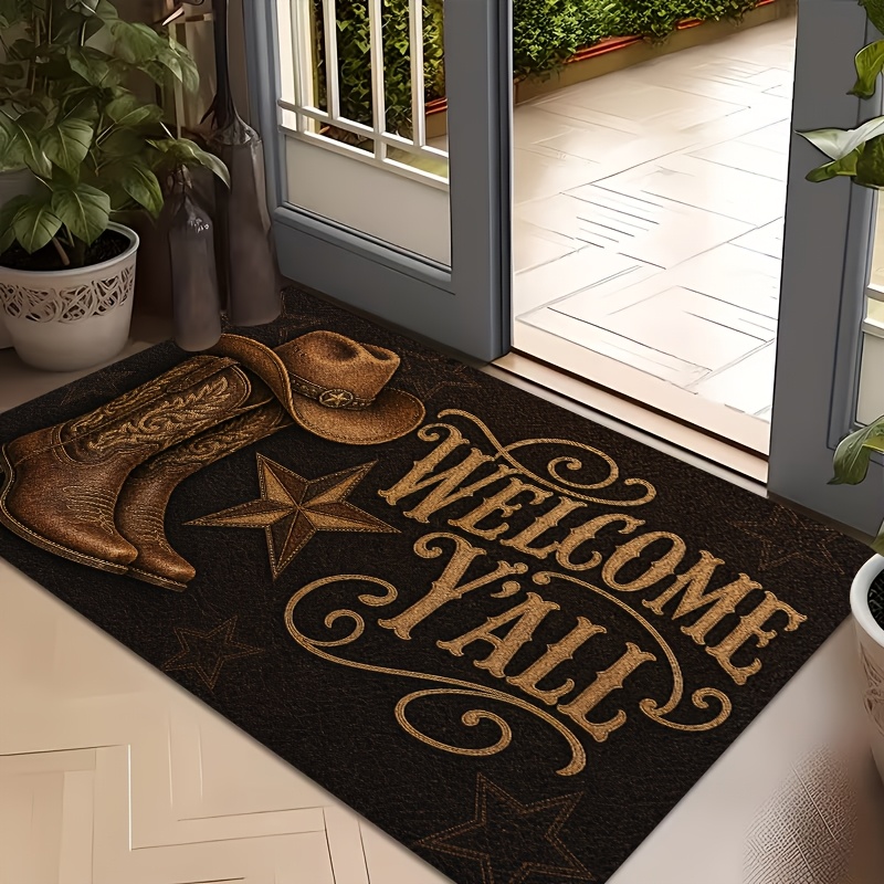TEMU 1pc, 2d Flat Printing Western Cowboy Welcome Entrance Mat, Non-slip Machine Washable Easy Clean Polyester Carpet, Suitable For Home And Outdoor