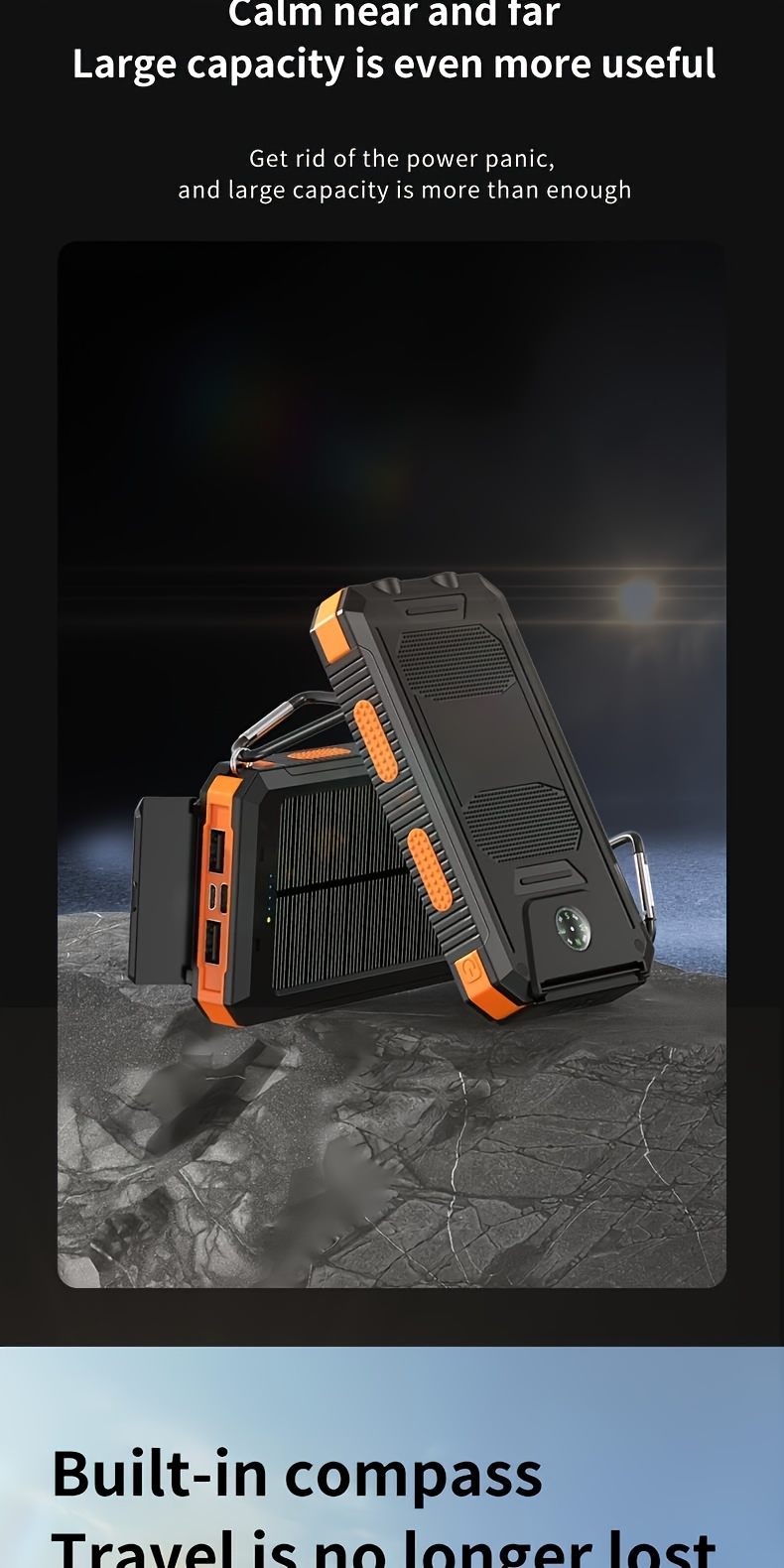 10000mah 5v2a fast charging multifunctional solar panel power bank with   led light large capacity rechargeable portable mobile phone charger dual flashlights dual usb port outdoor travel must have battery packs usb c ouput input for iphone   Product details 3