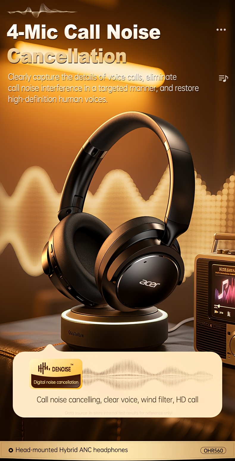 Casque sans fil Acer Ohr560 | Circum-aural avec suppression du bruit ANC, conception d'oreille à couverture complète, pliable, microphone à condensateur intégré, son stéréo Hi-Fi, réduction du bruit des appels HD ENC, compatible avec câble audio 3,5 mm, chargement USB