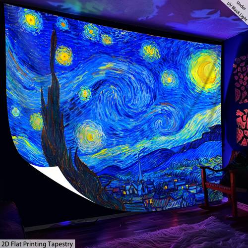 tapiz 2d, tapiz de impresión 2d - 1 pieza estilo pintura al óleo estrellado - tapiz que con luz uv, tapiz impreso fluorescente a , para dormitorio, , , decoración , instalación gratuita, 2d