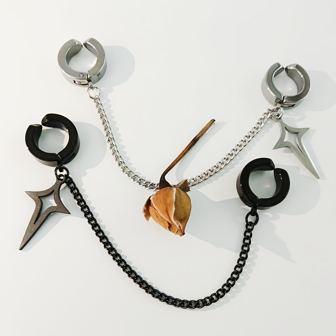 E-shop 2 Stk. 304 Edelstahl Hip-Hop--Ketten-Anhänger-Design Ohrhänger mit Ohrmanschetten, Piercing-freier Schmuck, Unisex