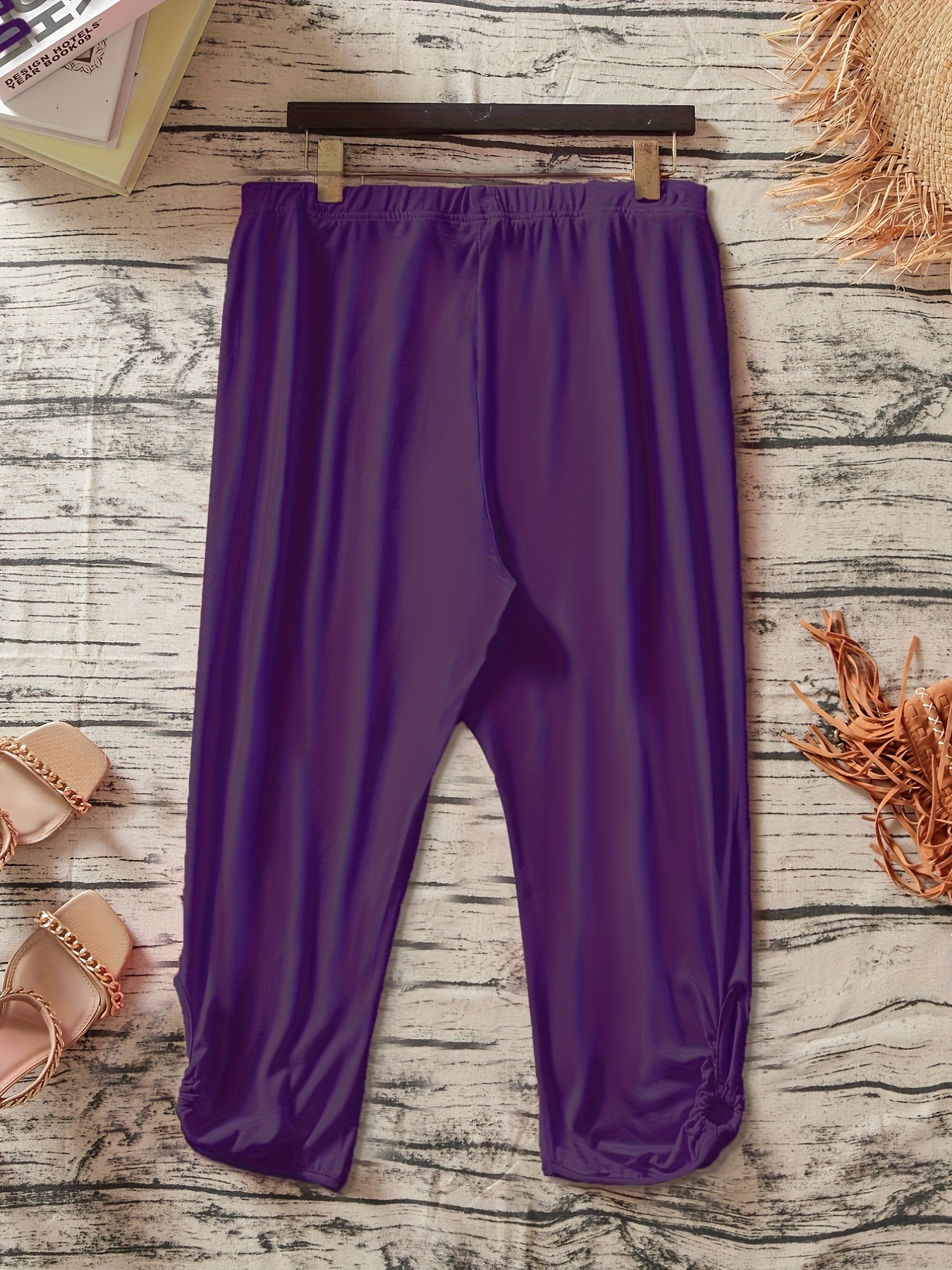 Women's Plus Size Stretchy Casual Pants - Solid Color Black, Elastic Waistband, Comfort Fit, Polyester, Machine Washable - Ideal for Spring/Summer/Fall