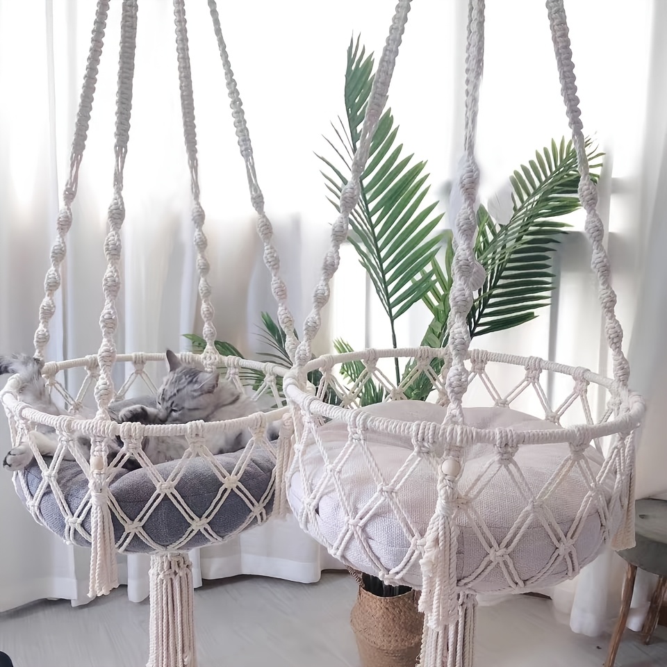 

1pc Bohemian Style Hand-woven Macrame Cat Swing, Polyester Fiber Filled, Tassel Hanging Cat Bed For All - No Cushion Included