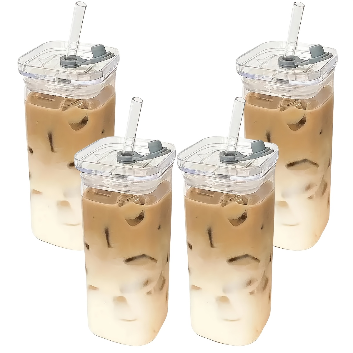 TEMU 4pcs Insulated Glasses Set With Lids And Straws - Bpa-free, Reusable, Square-shaped Drinking Mugs For Coffee, Ideal For Office, Home, School, And Outdoor Use