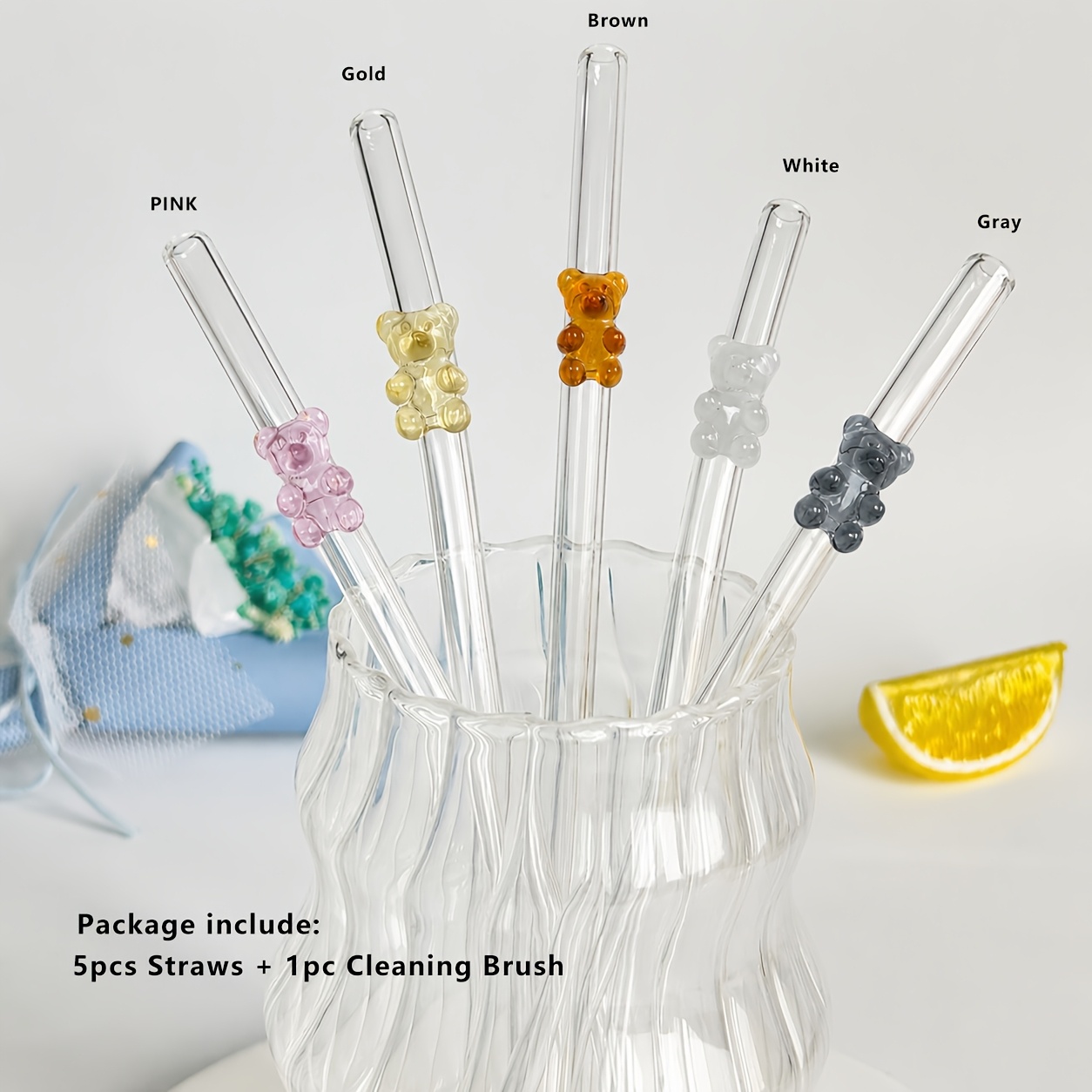 TEMU 5pcs Bear-themed Reusable Glass Straws With A Cleaning Brush, Cute Glass Straw, High Borosilicate Glass Straw, For Drinks, Milk Tea, Coffee,