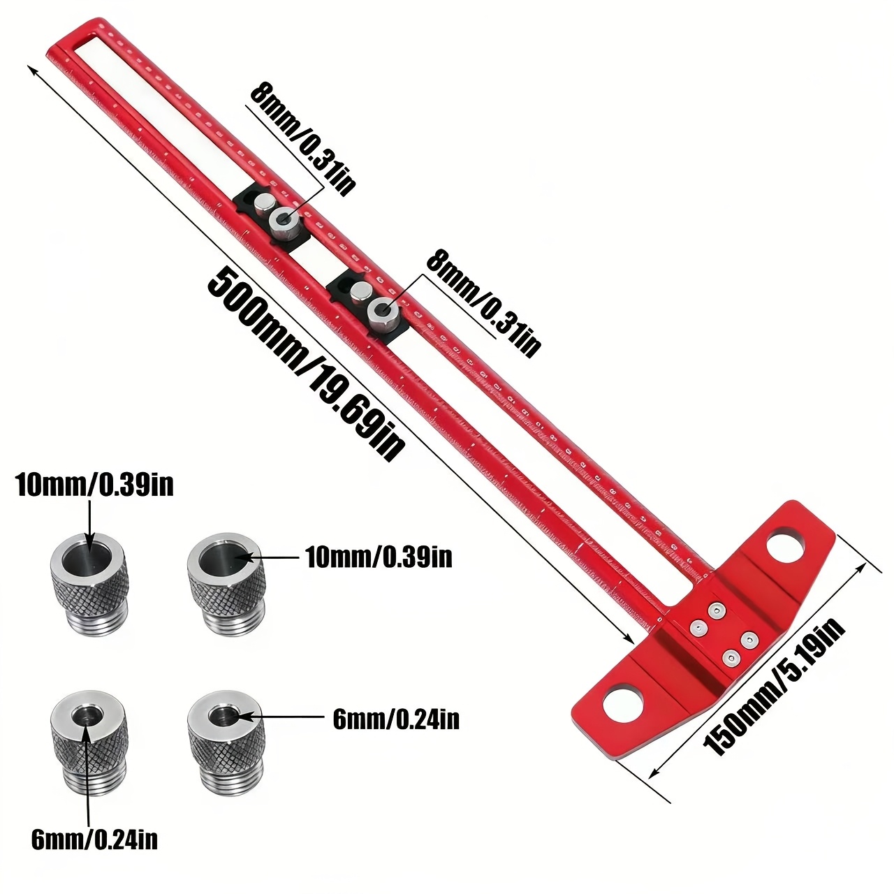 TEMU Heavy-duty Aluminum 500mm 2-in-1 Woodworking Drilling Locator, Precision T-type Marking Square, Equipped With 6/8/10mm Drill Sleeves, Suitable